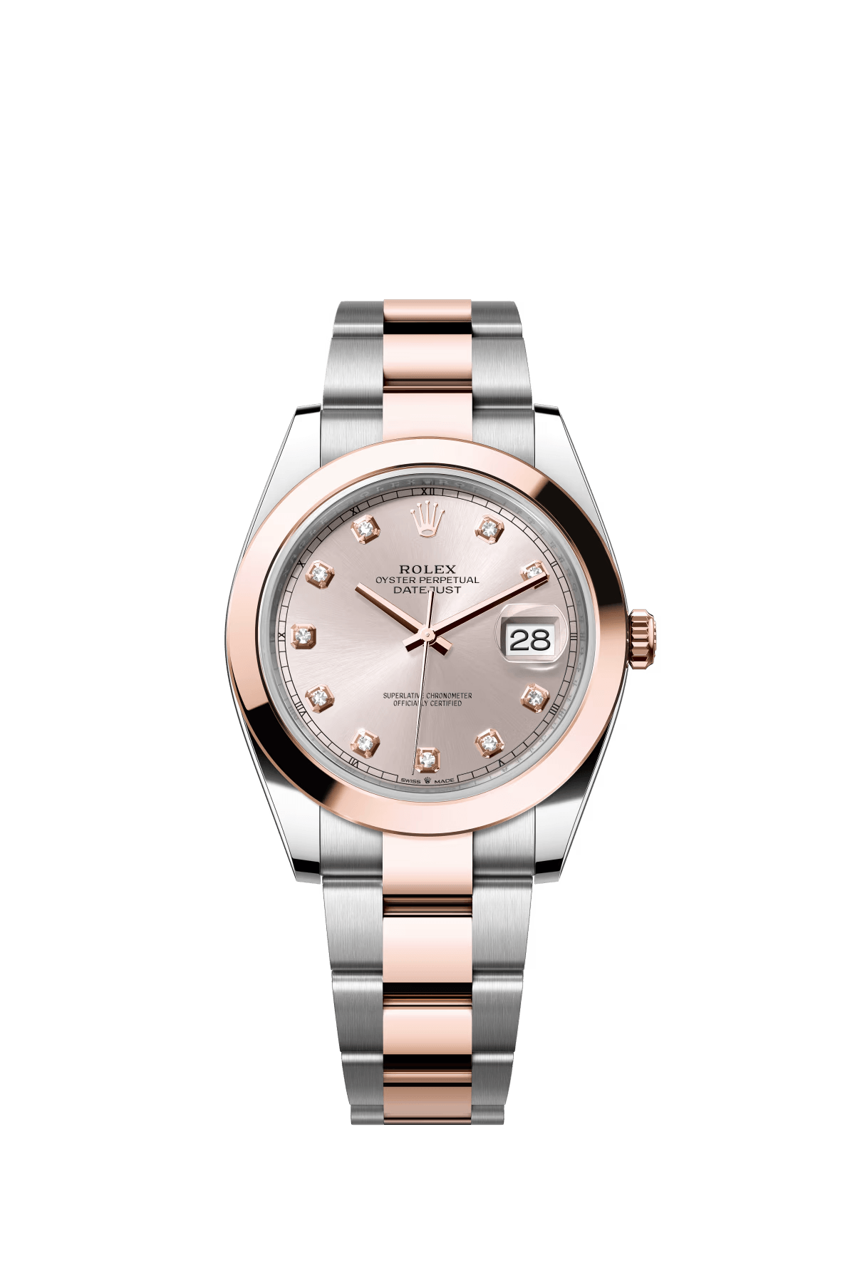 The Oyster Perpetual Datejust 41 is available in Everose gold and Oystersteel with a diamond-set sunrise gold dial and an Oyster bracelet. -m126301-0007