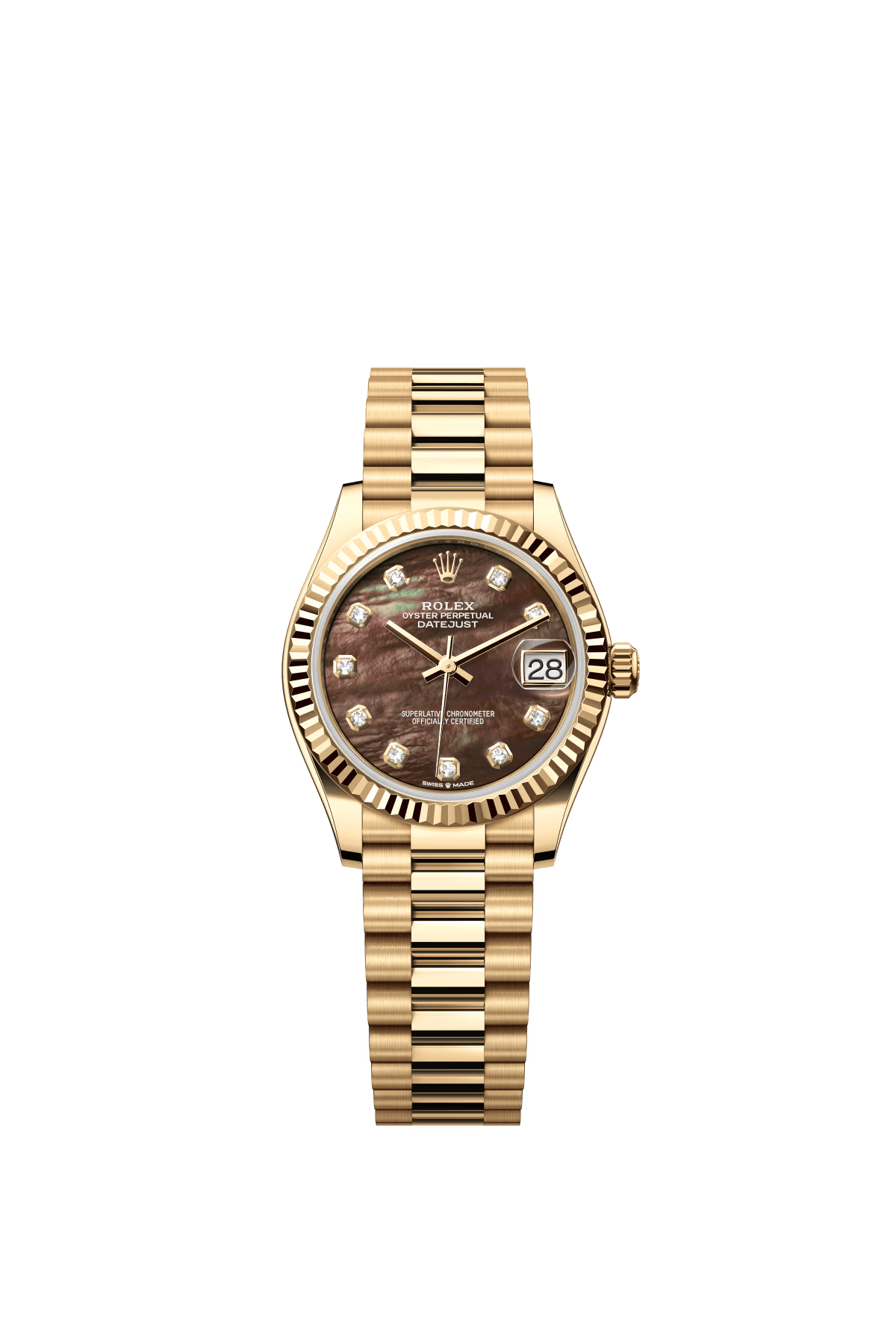 The Oyster Perpetual Datejust 31 is in 18 ct yellow gold, with a diamond-set black mother-of-pearl dial and a President bracelet. -m278278-0038