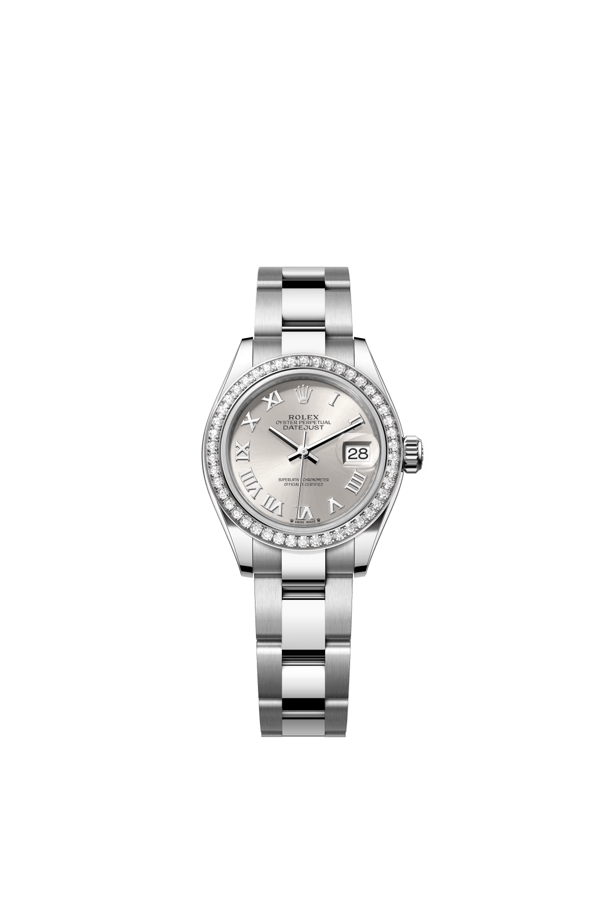 The Oyster Perpetual Lady-Datejust is available in white gold and Oystersteel with a silver dial and Oyster bracelet. -m279384rbr-0010 28mm