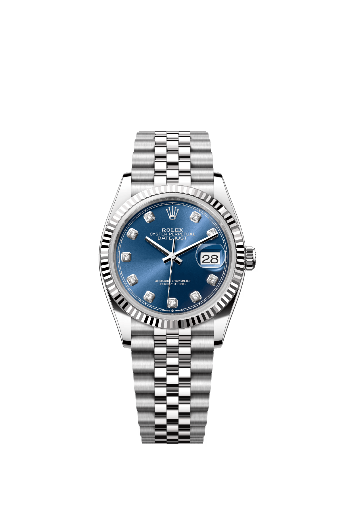 The Oyster Perpetual Datejust 36 is available in white gold and Oystersteel, with a brilliant blue diamond-set dial and a Jubilee bracelet. -m126234-0037