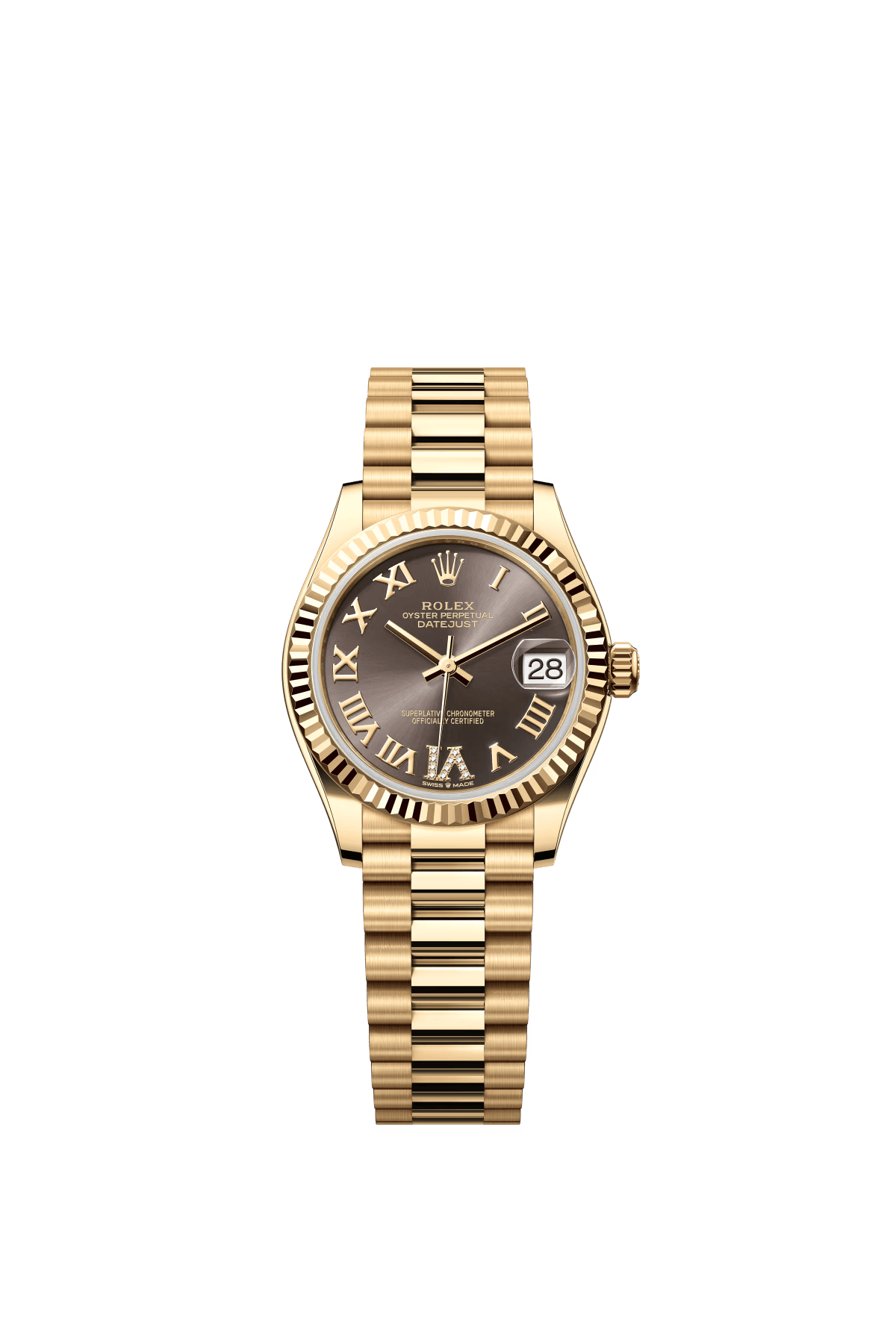 The Oyster Perpetual Datejust 31 is in 18 ct yellow gold with a dark grey diamond-set dial and a President bracelet. -m278278-0032