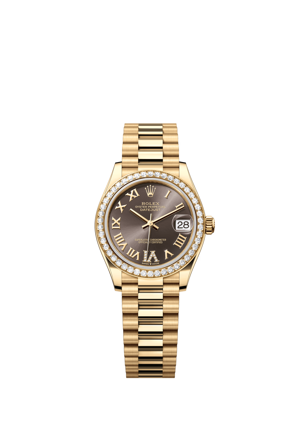 The Oyster Perpetual Datejust 31 is in 18 ct yellow gold with a dark grey diamond-set dial and a President bracelet. -m278288rbr-0026