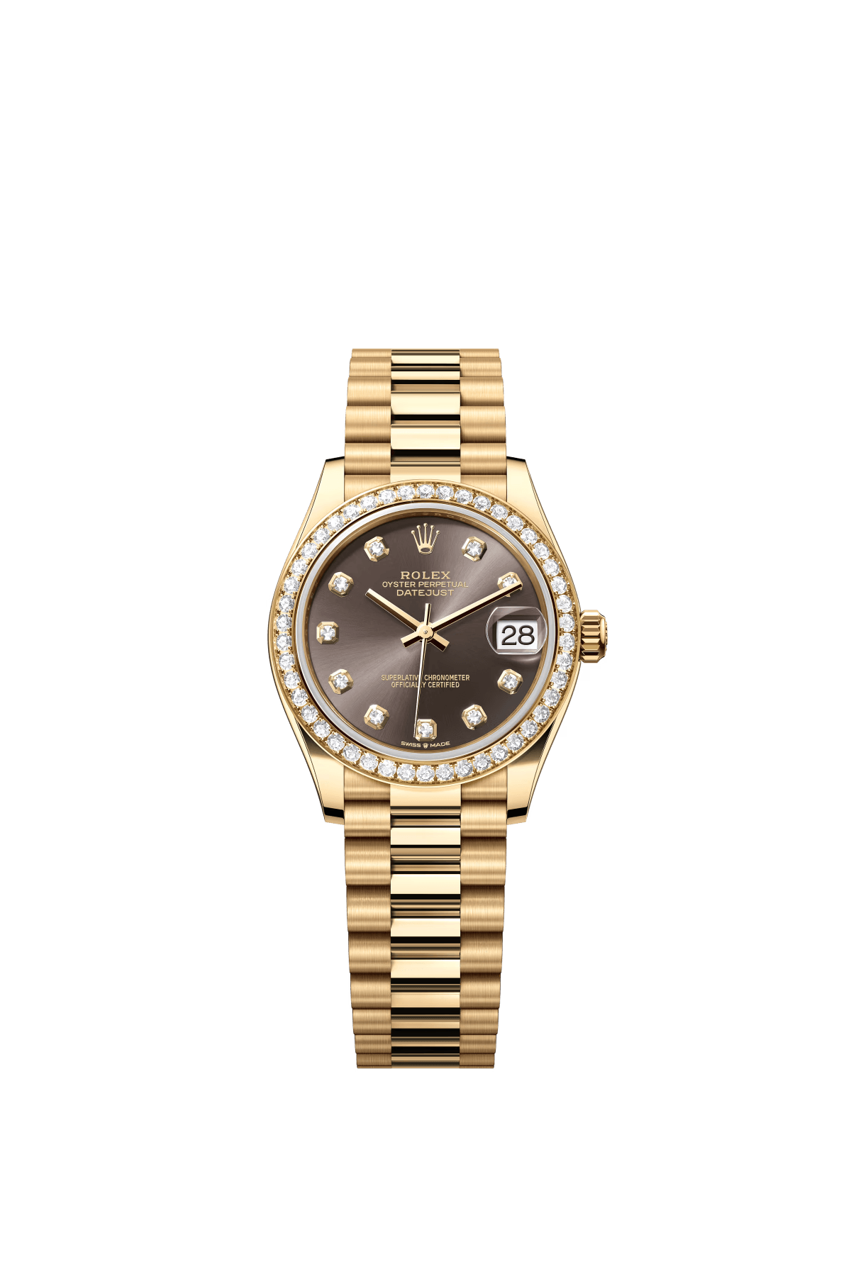 The Oyster Perpetual Datejust 31 is in 18 ct yellow gold with a dark grey diamond-set dial and a President bracelet. -m278288rbr-0030