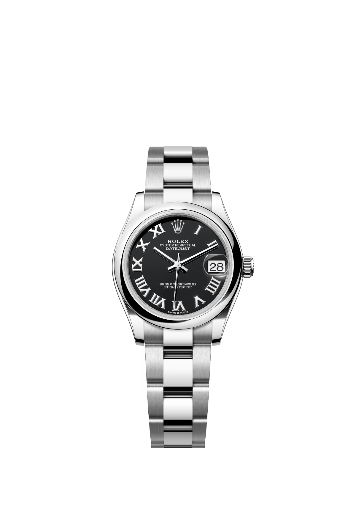 The Oyster Perpetual Datejust 31 is made in Oyster steel with a glossy black dial and an Oyster bracelet. -m278240-0001