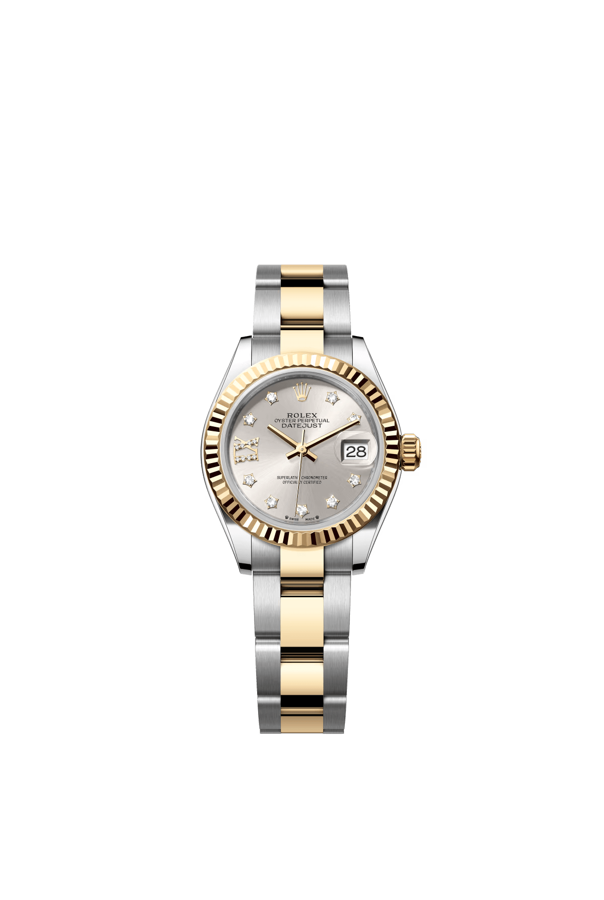 The Oyster Perpetual Lady-Datejust in yellow gold and Oystersteel with a silver-toned diamond-set dial and an Oyster bracelet. -m279173-0004 28mm
