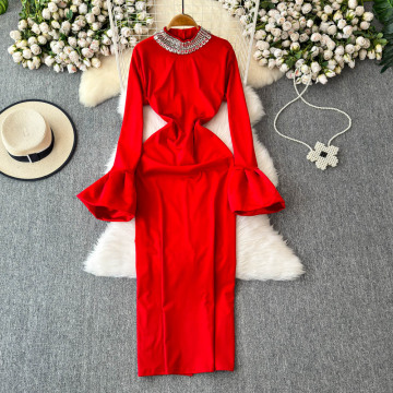LW0281 Vintage Senior Sense Rhinestone Stand Collar Slim-Fit Flared Sleeve Dress Socialite Style Banquet Evening Dress