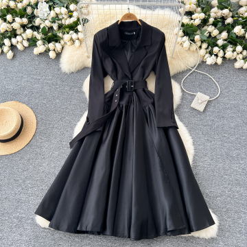 LW0045 Light Wind Suit Collar Dress Women Lace up Waist Temperament Long Sleeve Patchwork Big Swing Pompadour Dress Skirt