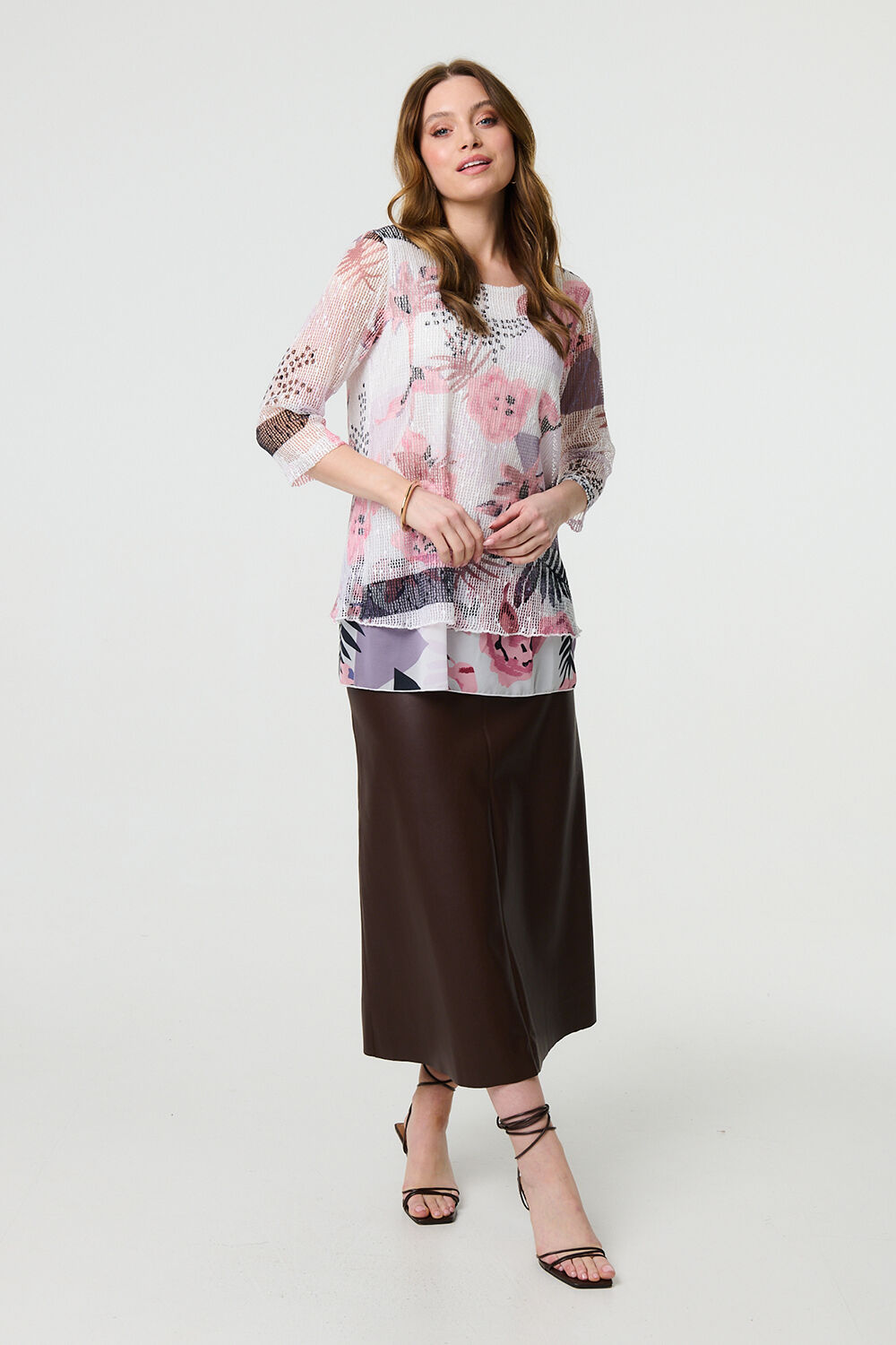 Izabel London - Abstract Print Mesh Layer 3/4 Sleeve Tunic