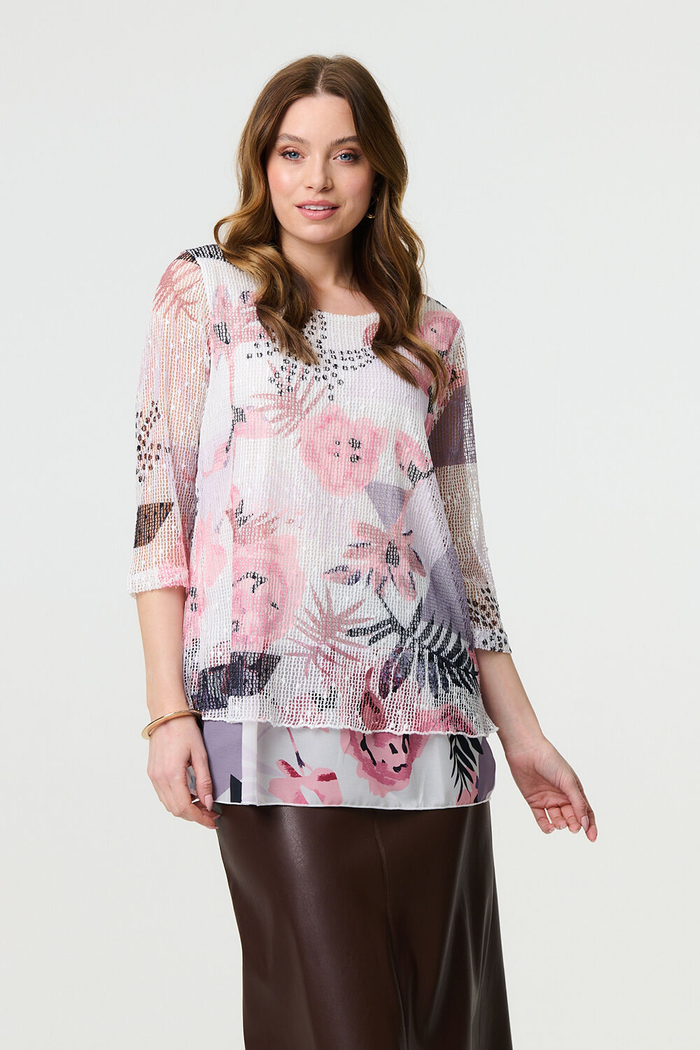 Izabel London - Abstract Print Mesh Layer 3/4 Sleeve Tunic