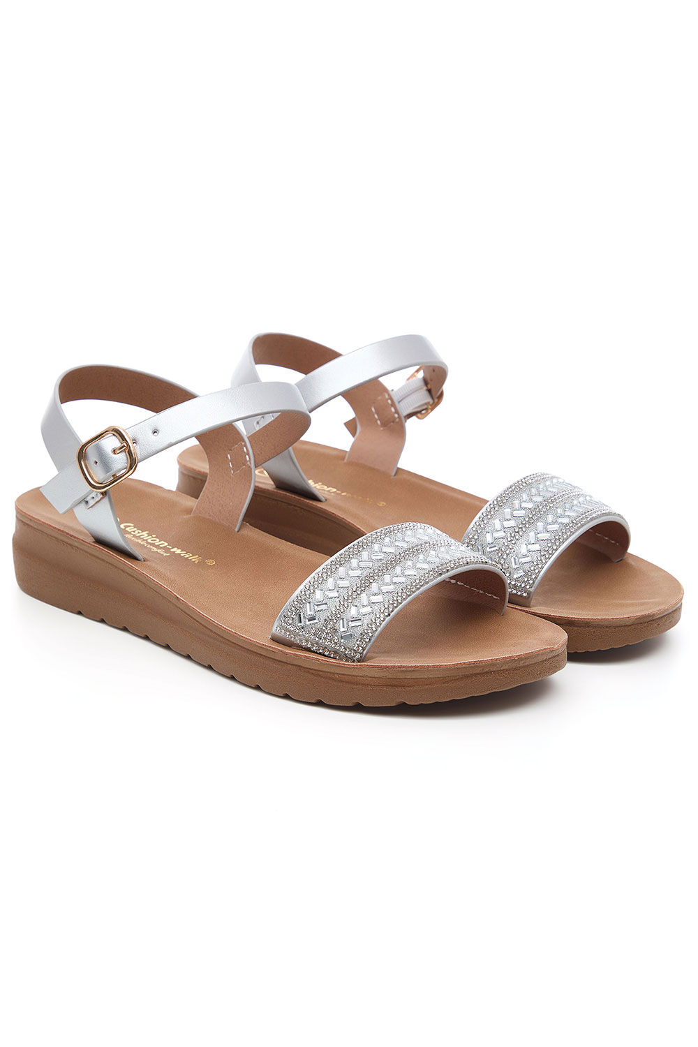 Diamante Strap Flat Sandals with Ankle Buckle Detail