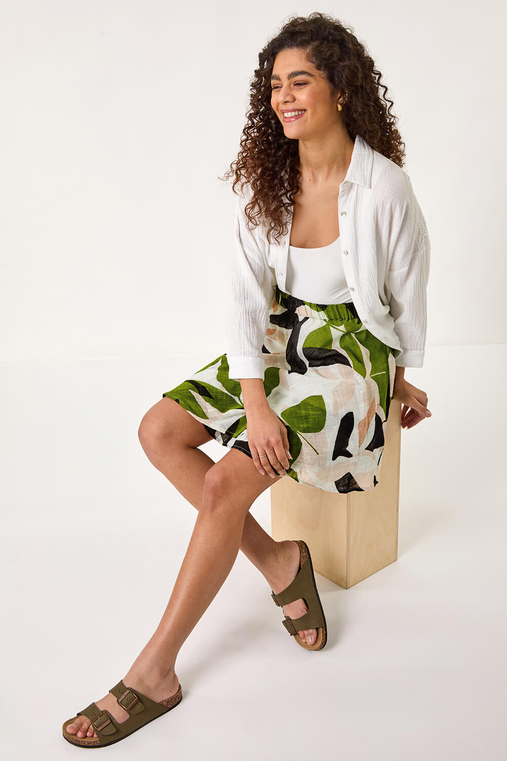 Green Leaf Print Short Skirt