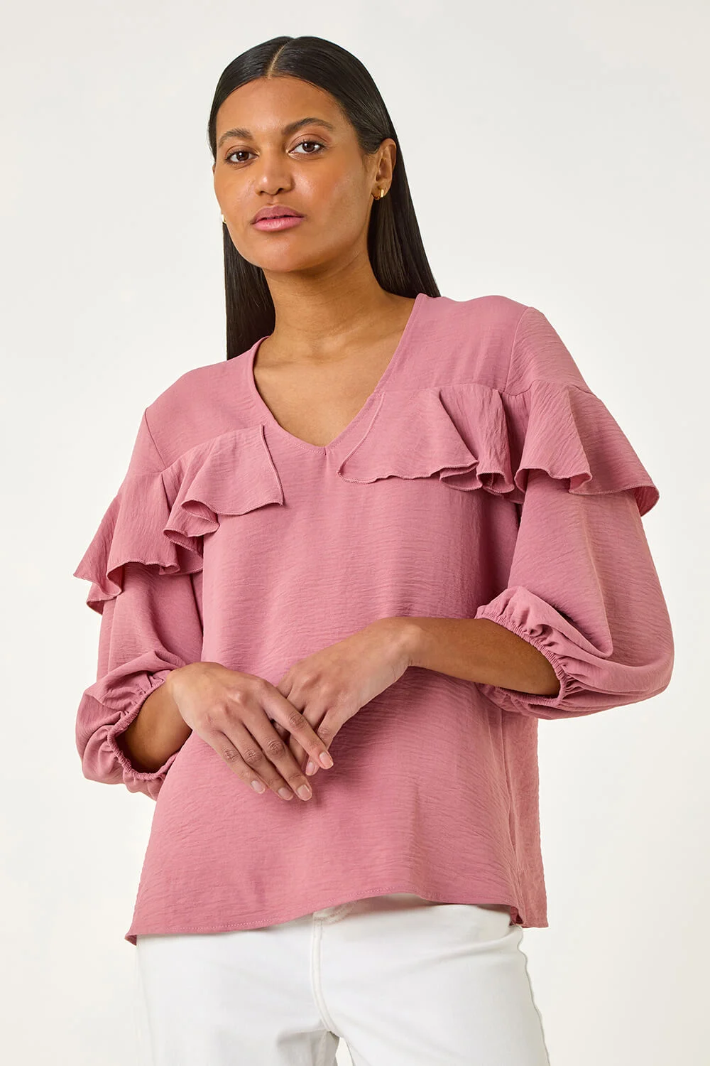 Pink Frill Front Woven Top