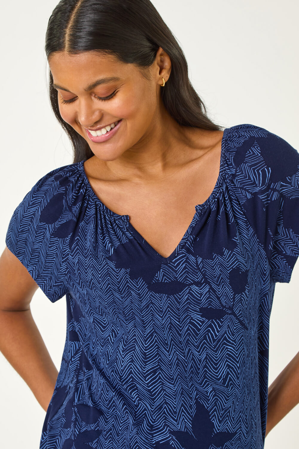 Navy Floral Print V-Neck Top