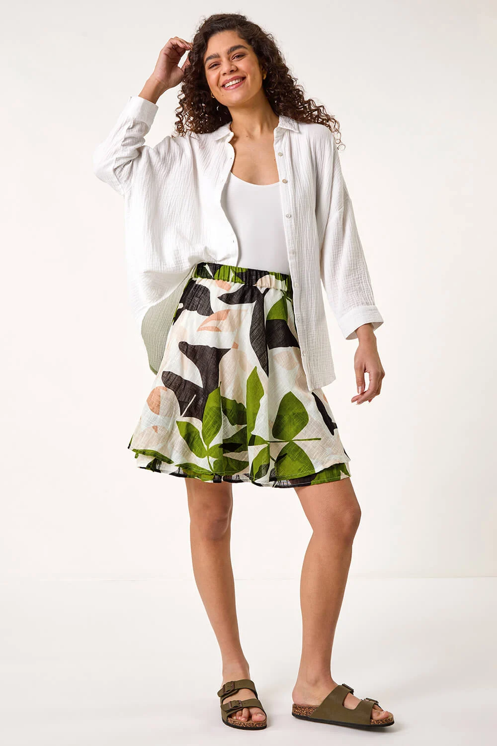 Green Leaf Print Short Skirt