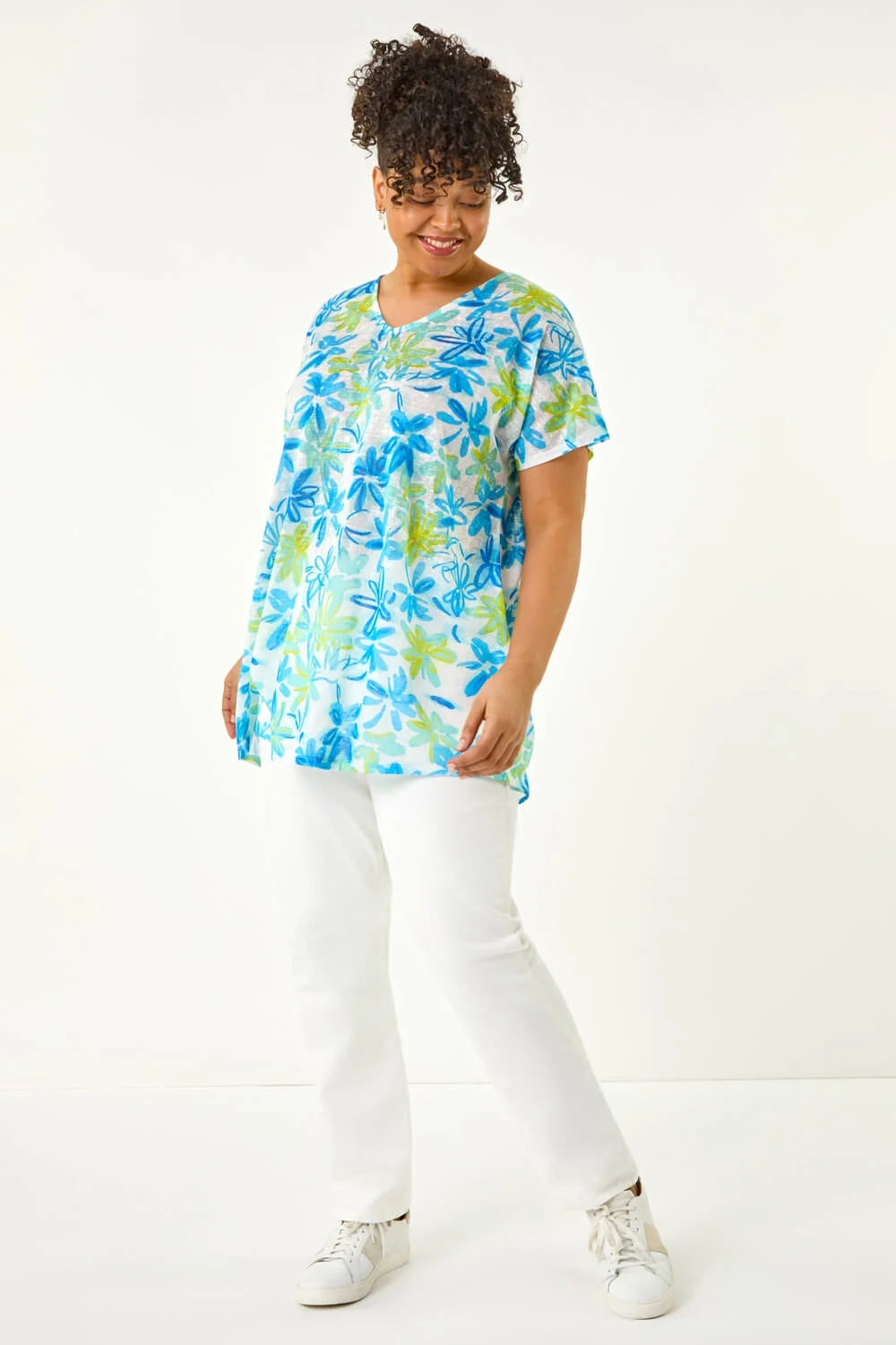 Blue Curve V-Neck Floral Top