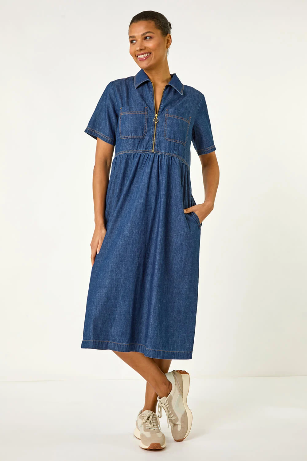 Denim Zip Midi Dress