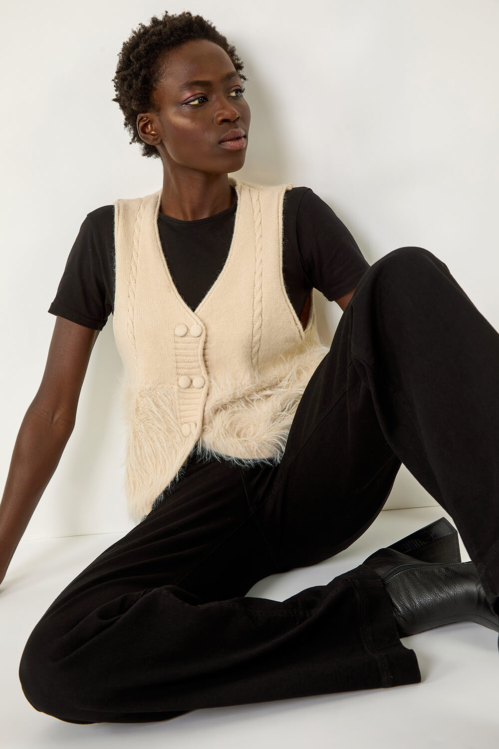 Beige Tassle Faux Fur Gilet