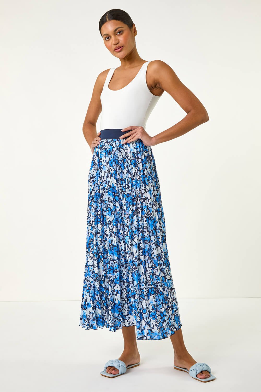 Blue Floral Pleated Skirt