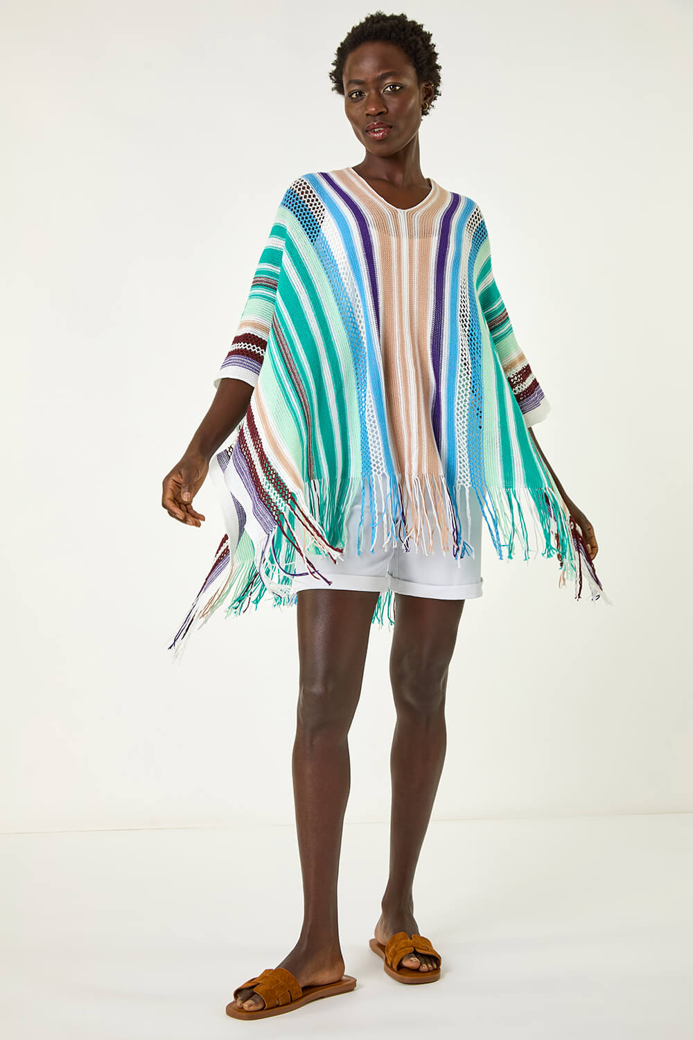 Aqua Multi Stripe Knit Poncho