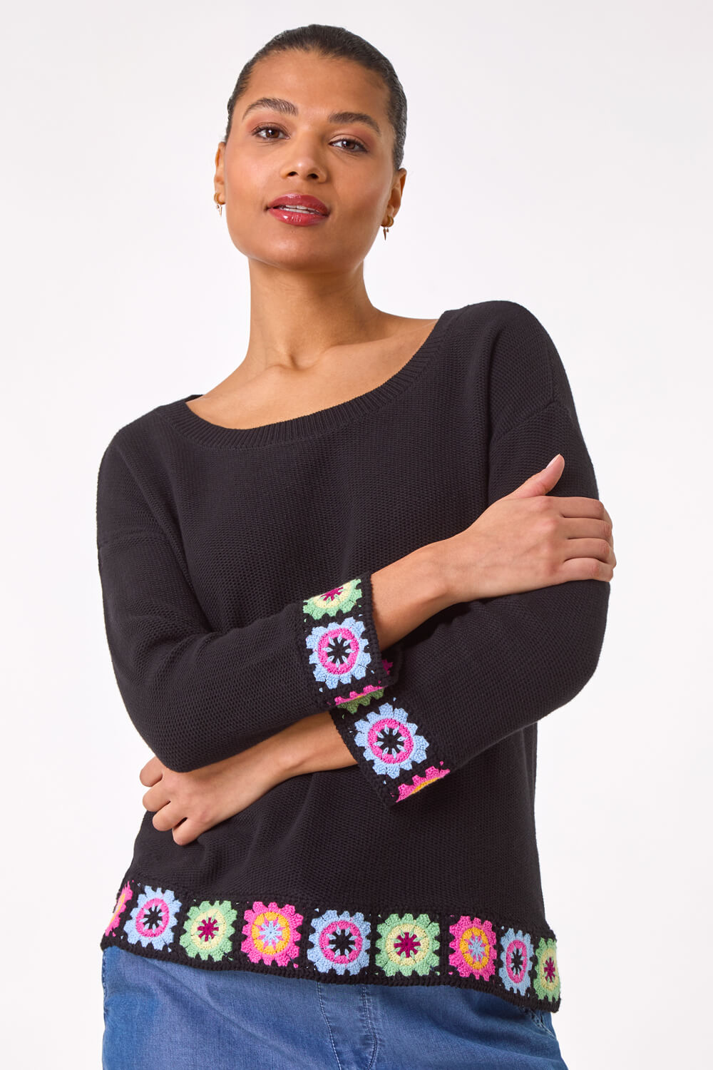Black Crochet Hem Jumper