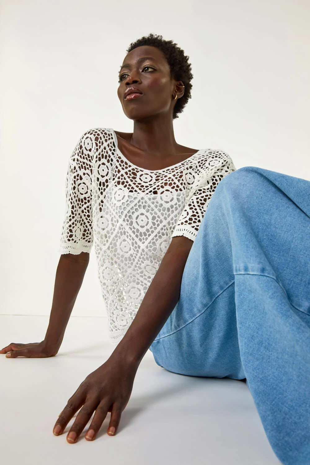 White Cotton Crochet T-Shirt