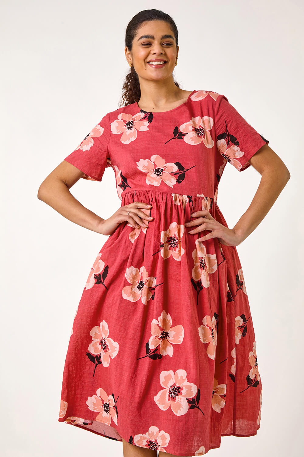 Pink Floral Smock Midi Dress