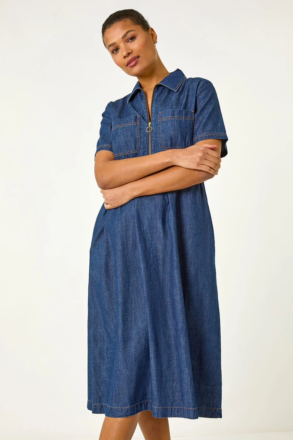 Denim Zip Midi Dress