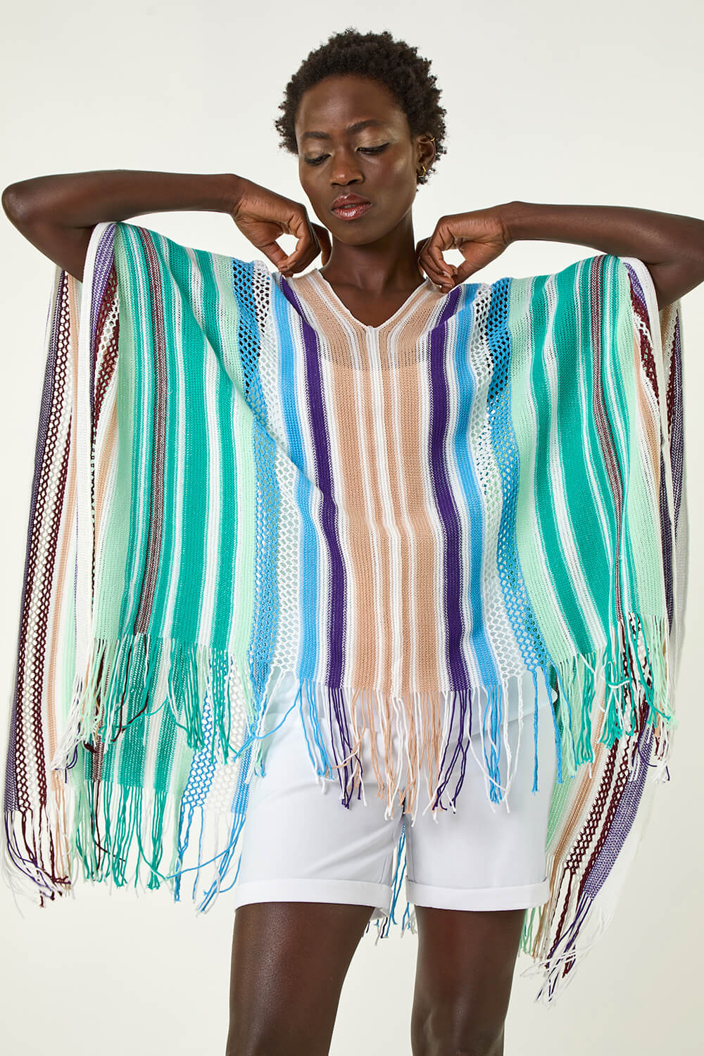Aqua Multi Stripe Knit Poncho