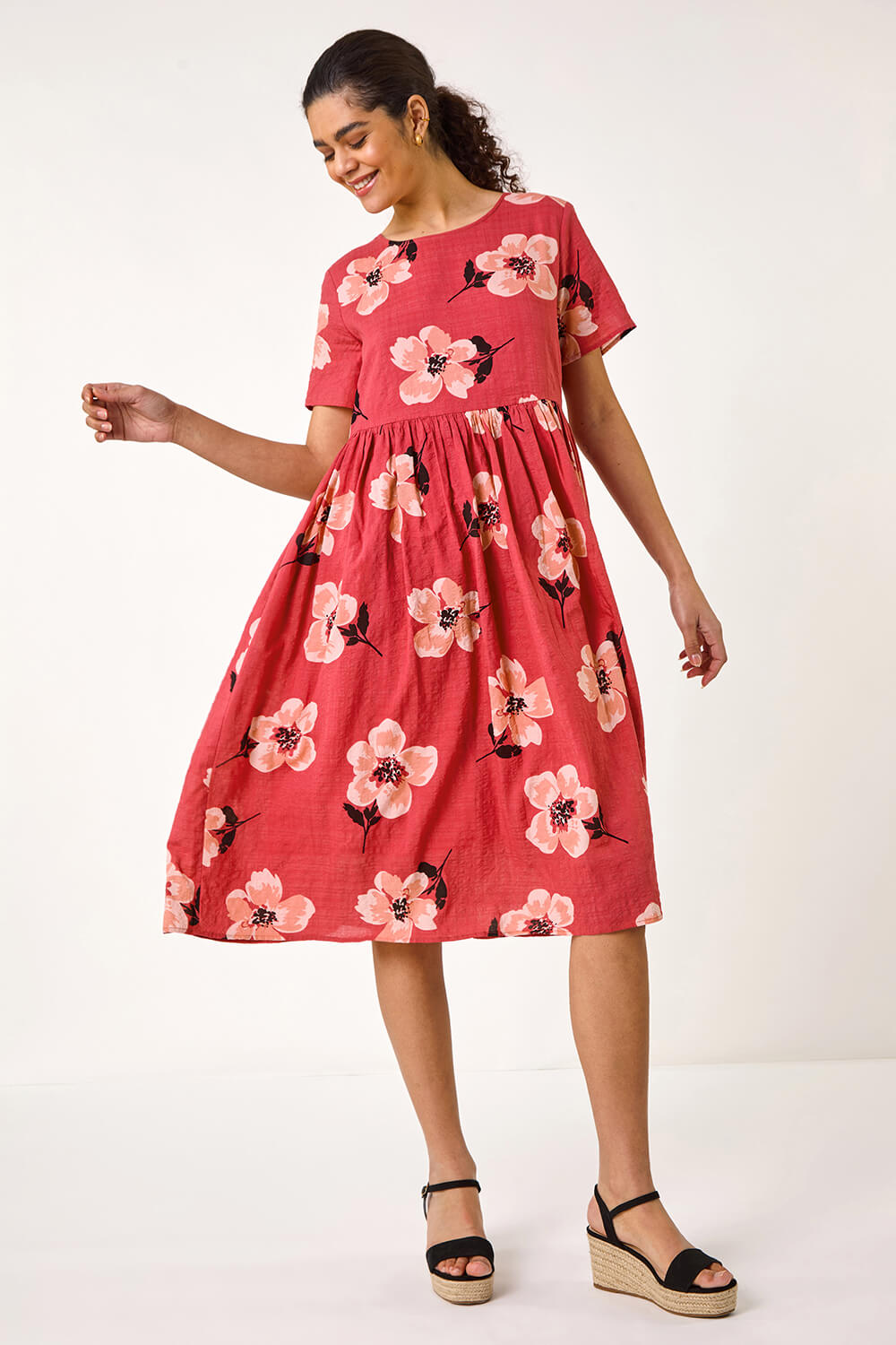 Pink Floral Smock Midi Dress