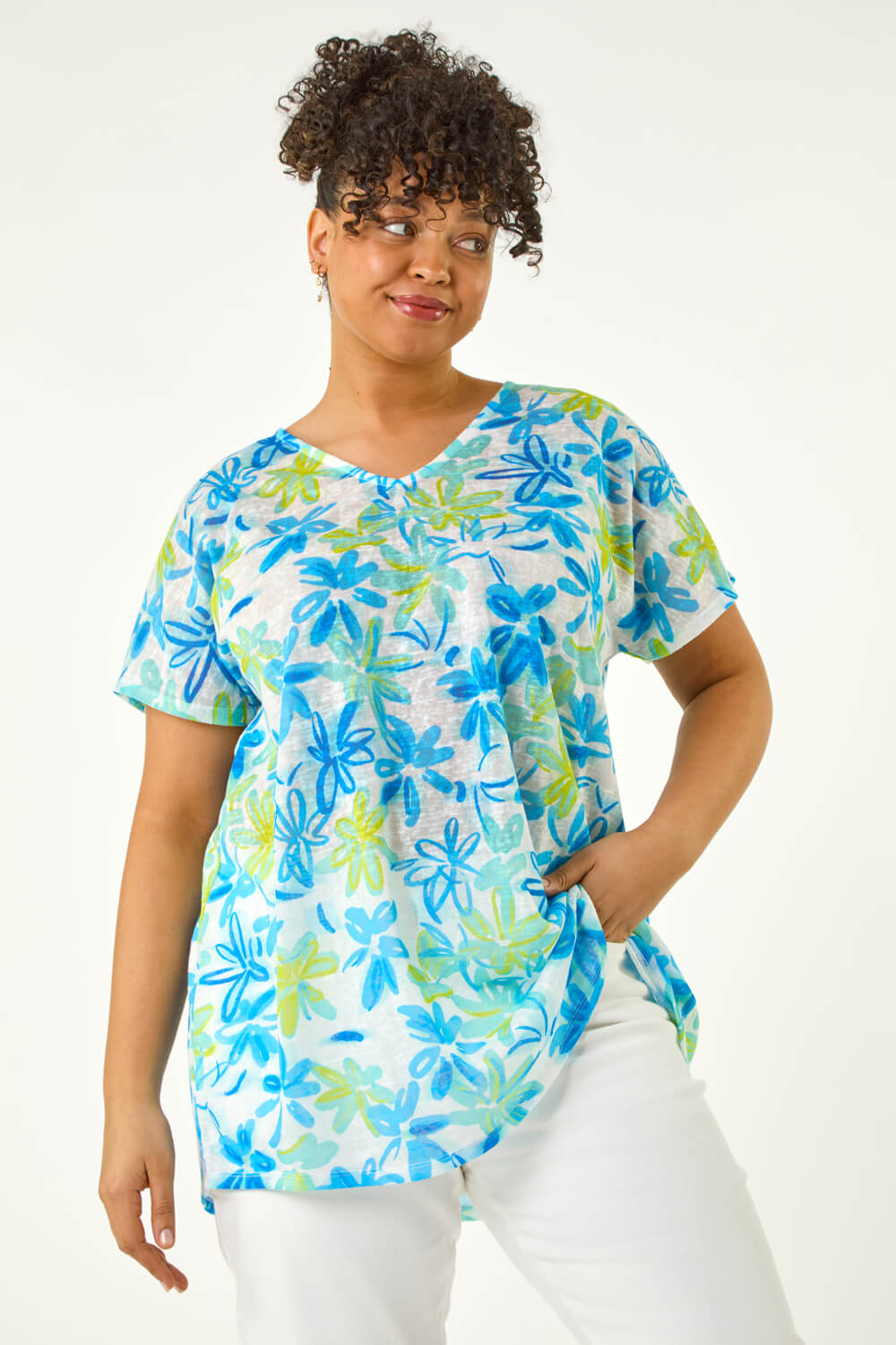Blue Curve V-Neck Floral Top
