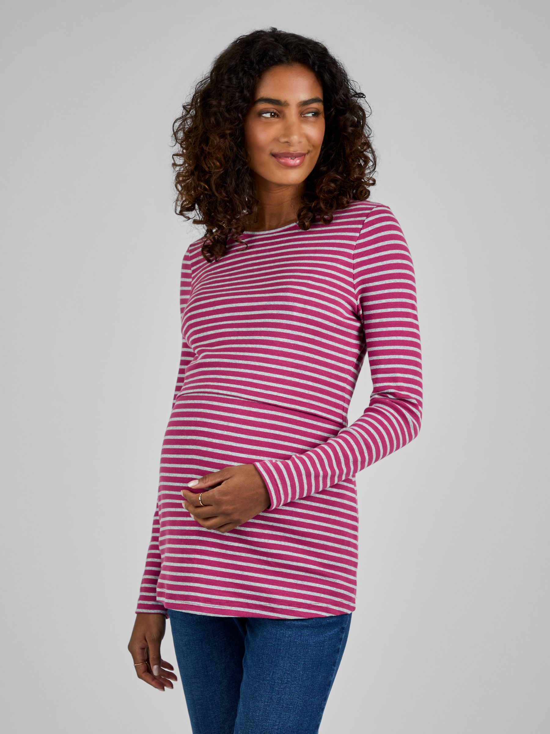 Pink & Grey Stripe Ribbed Jersey Maternity & Nursing Top