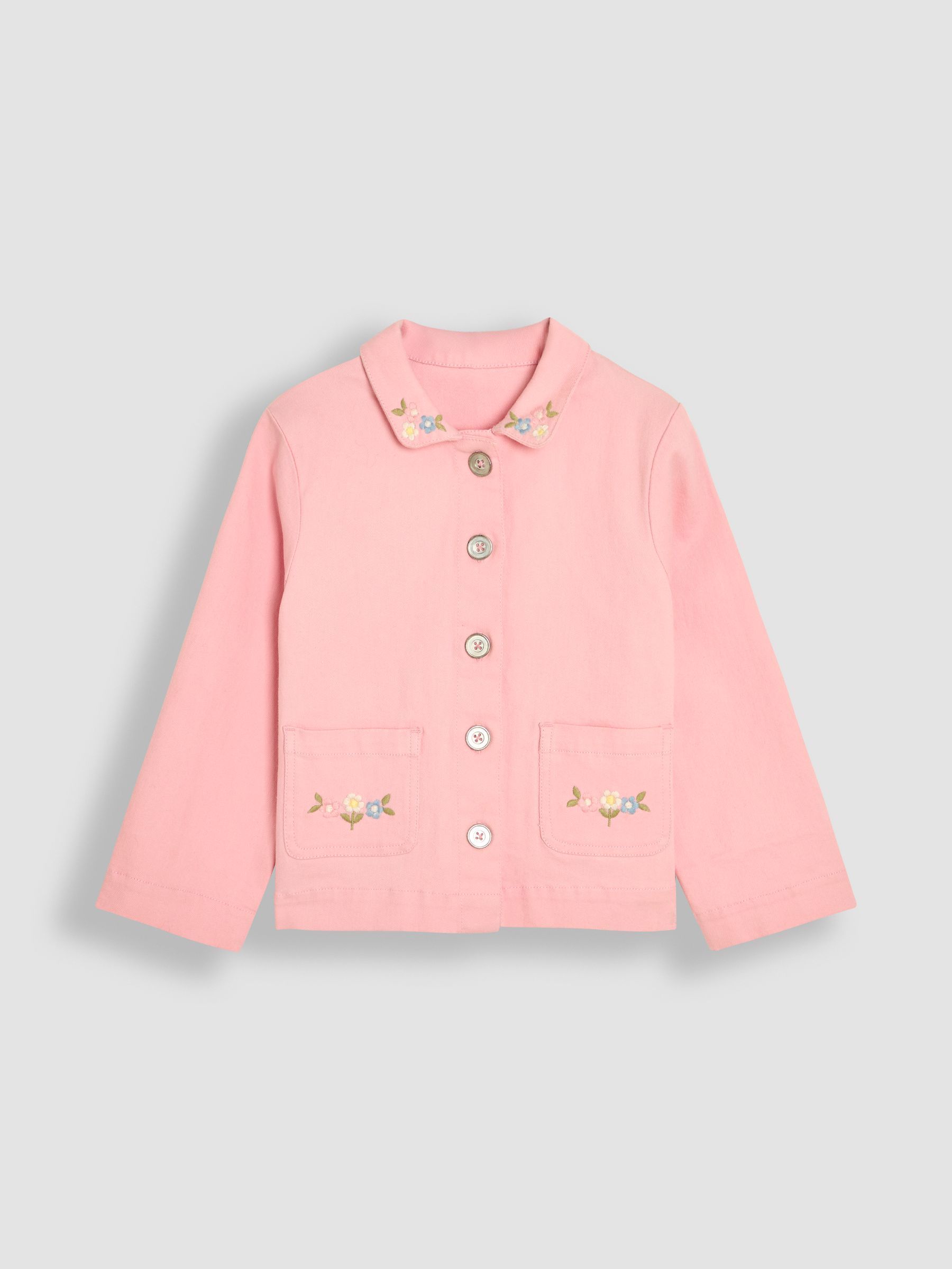 Pink Floral Embroidered Collared Twill Jacket