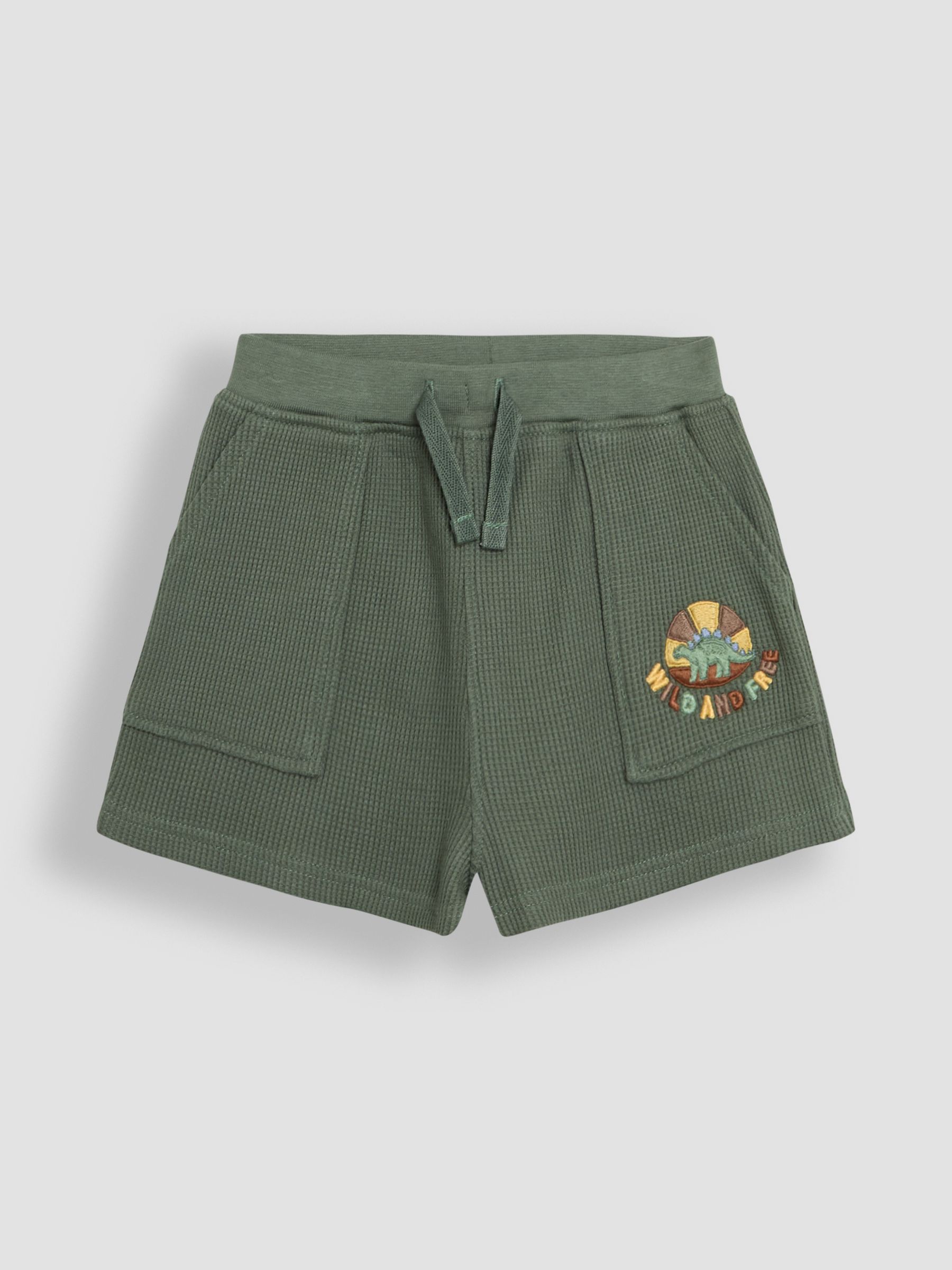 Khaki Green Dino Embroidered Textured Shorts