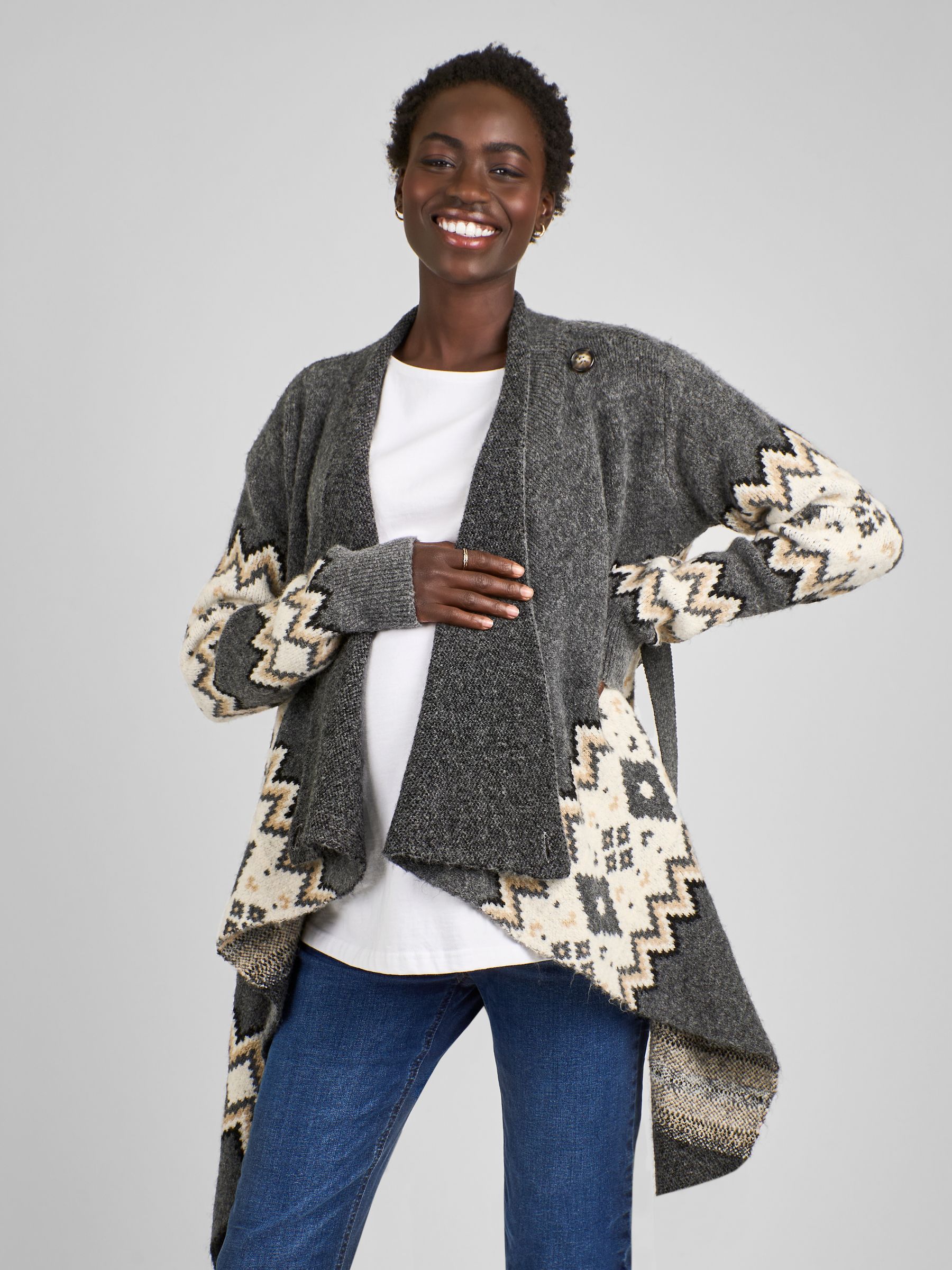 Charcoal Grey Maternity Drape Fair Isle Pattern Cardigan