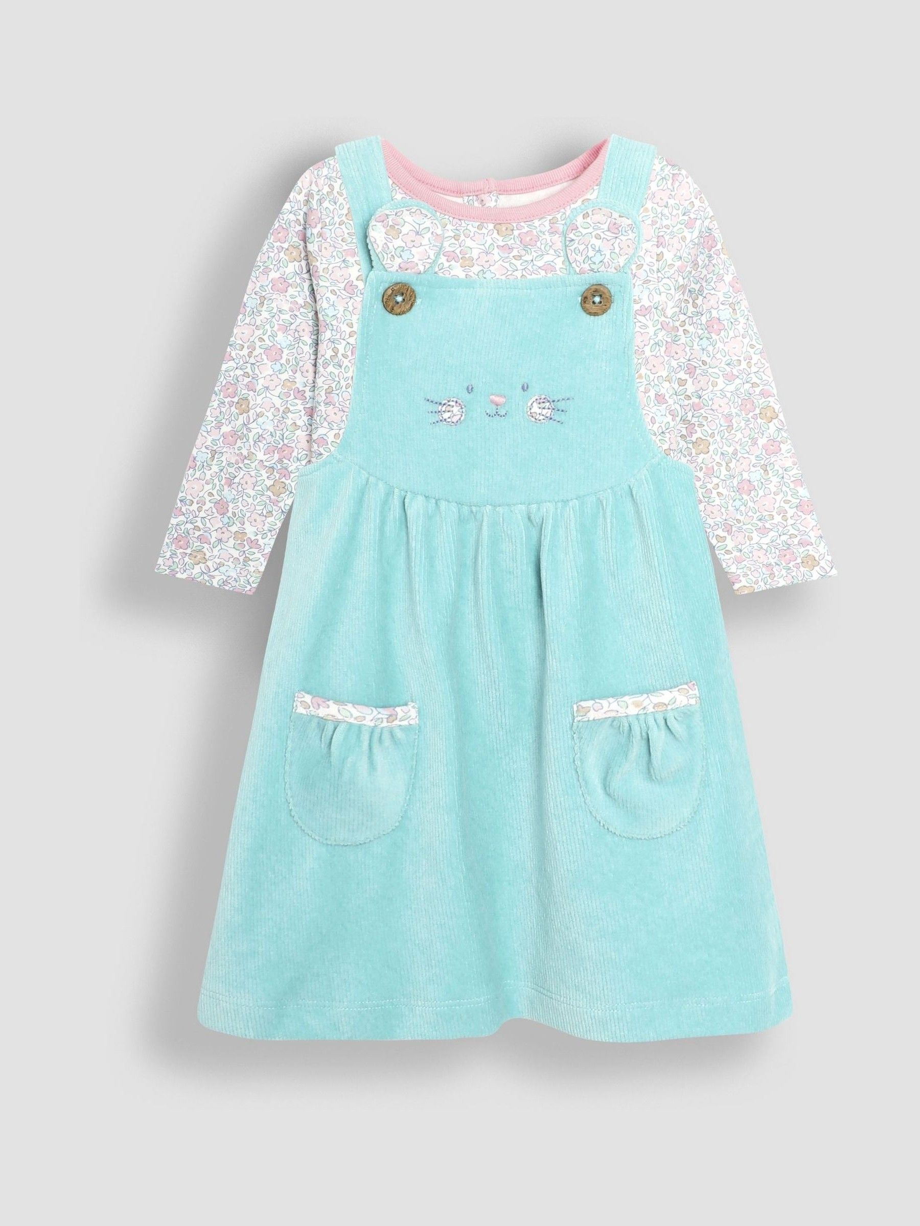 Duck Egg Mouse Velour Pinafore Dress And Top Set 2 Pack