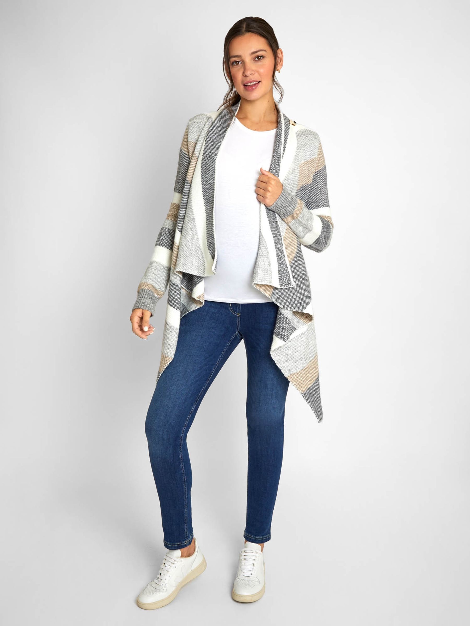 Grey Cream Stripe Drape Maternity & Nursing Cardigan