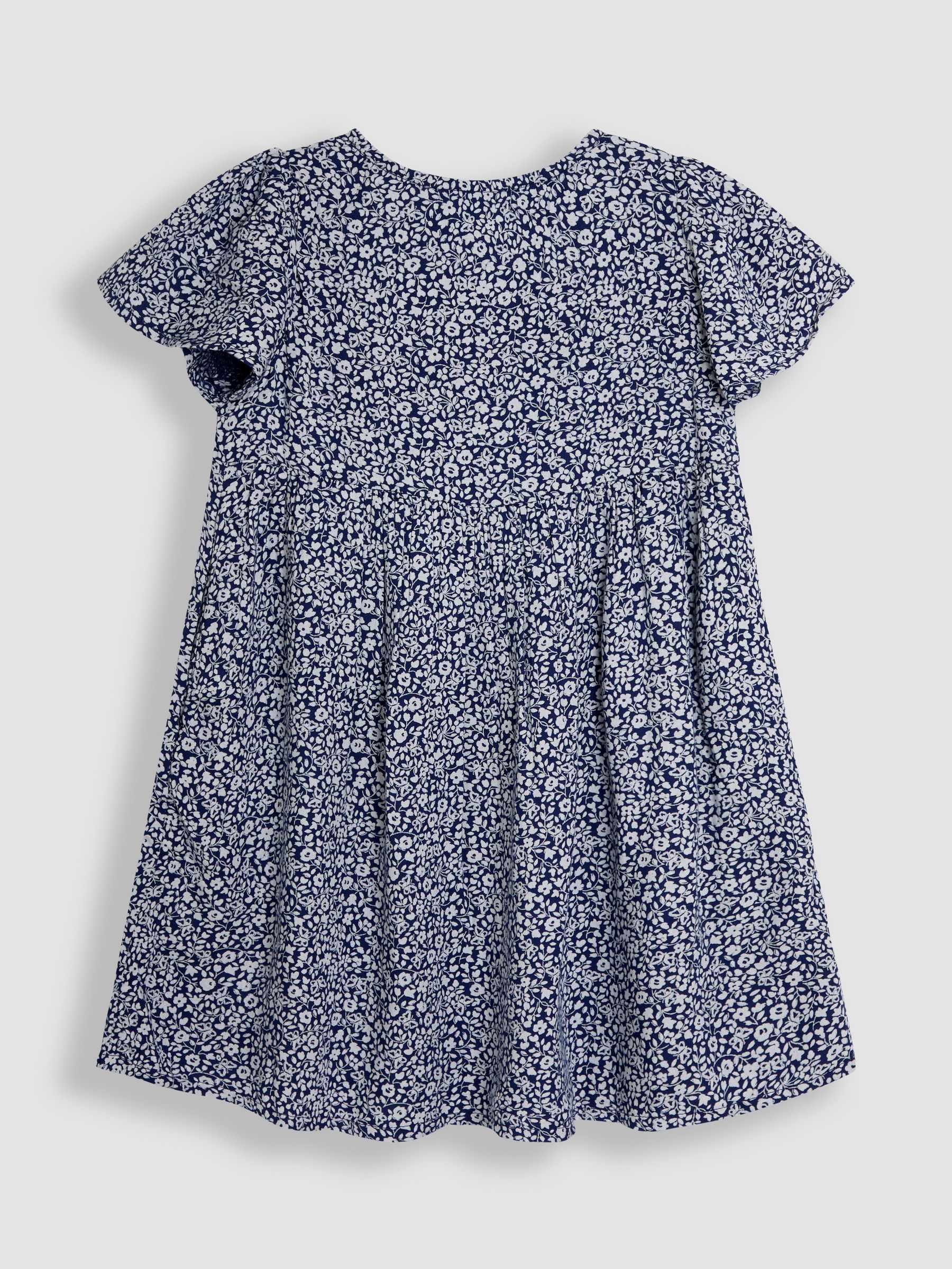 Navy Blue Ditsy Floral Print Button Front Classic Dress