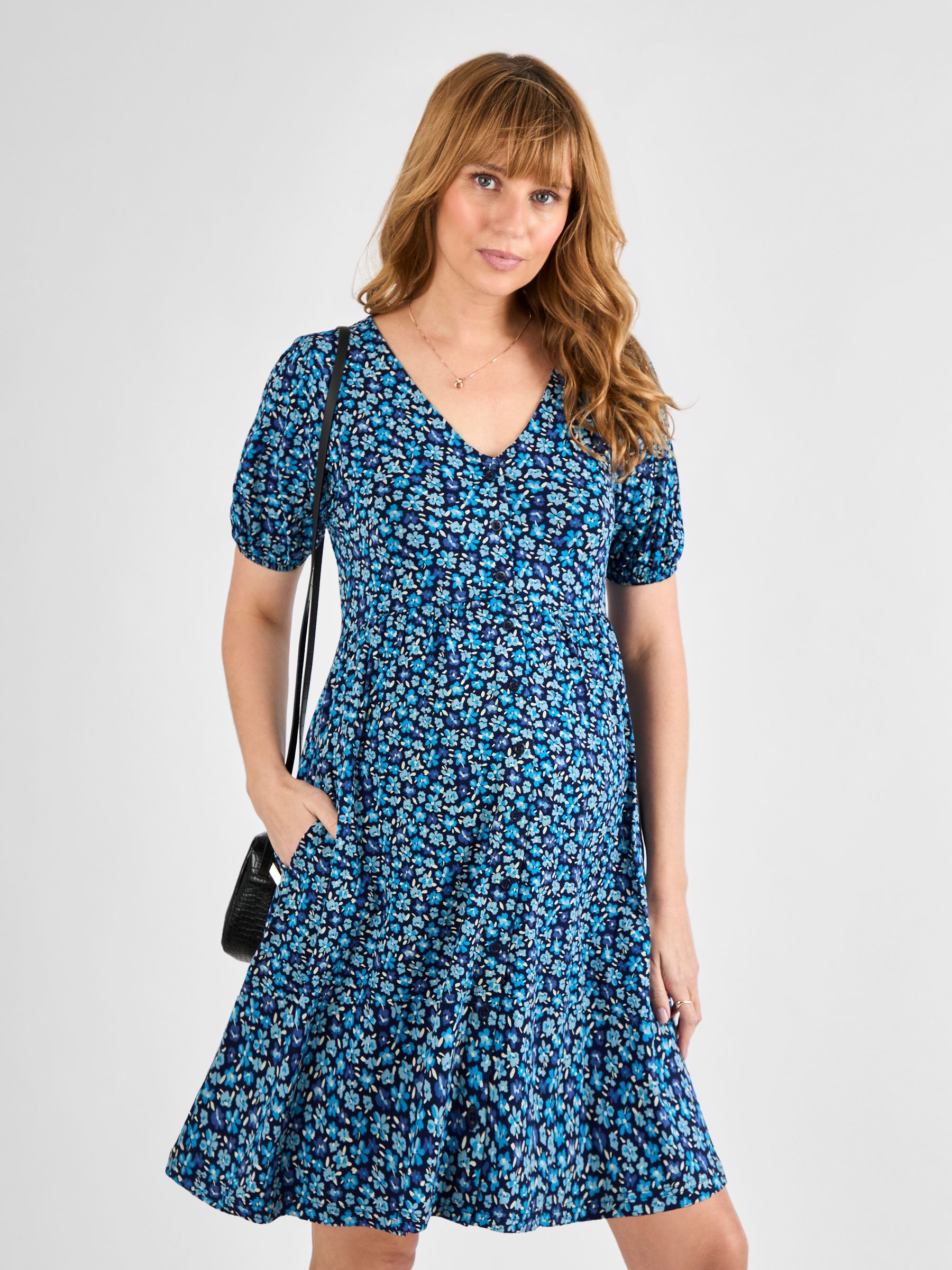 Blue Floral Ditsy Button Through Maternity Jersey Dress