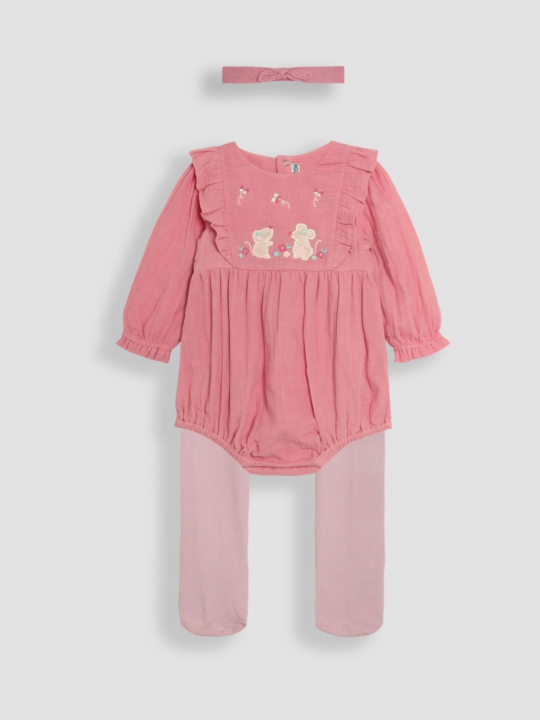 Pink Body 3 Piece Embroidered Muslin And Tights Set