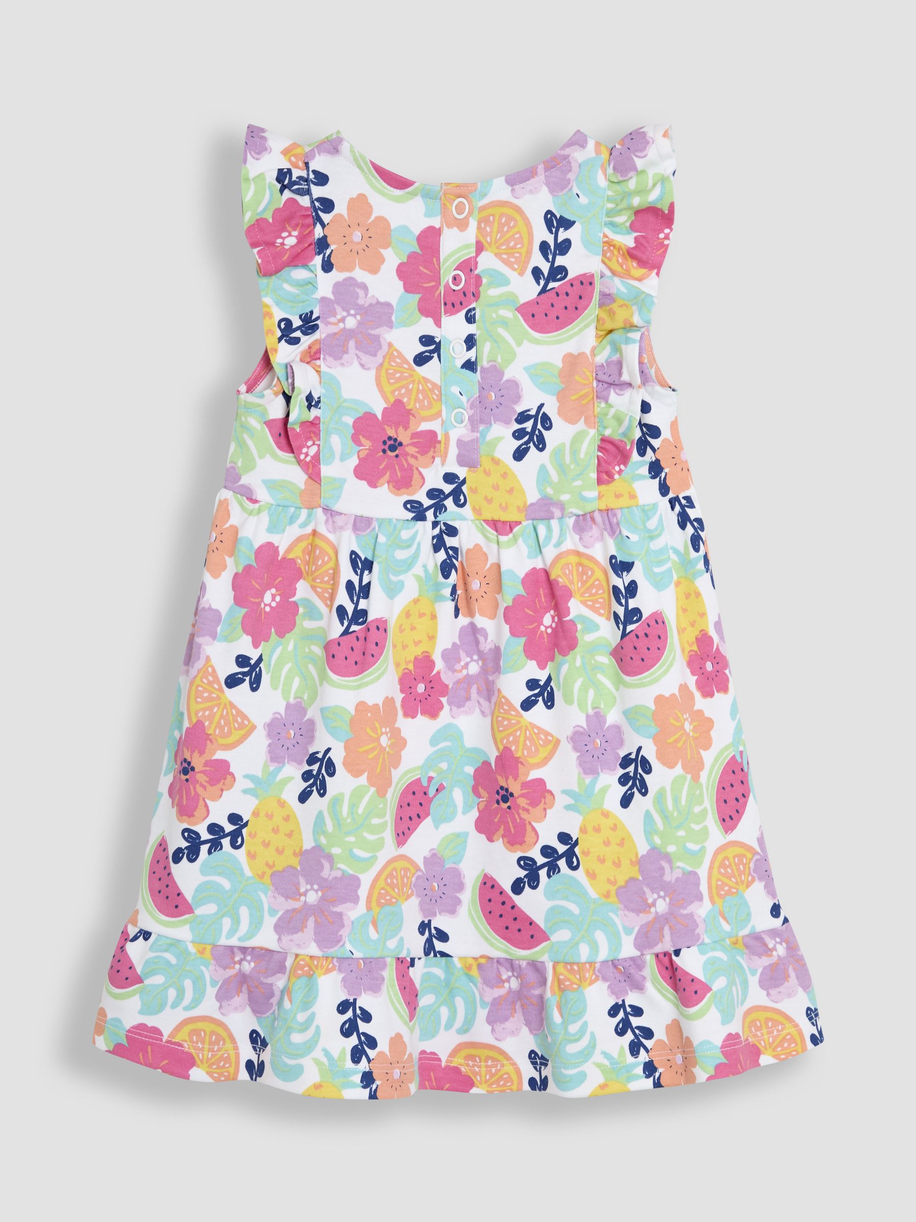 Coral Pink Jungle Floral Frill Shoulder Summer Dress
