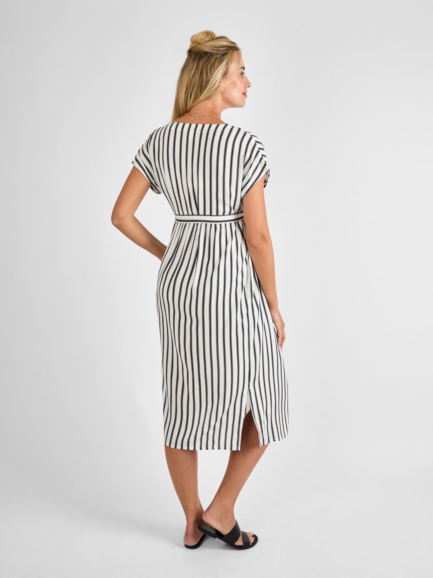 Black Cream Stripe Button Front Maternity Midi Dress