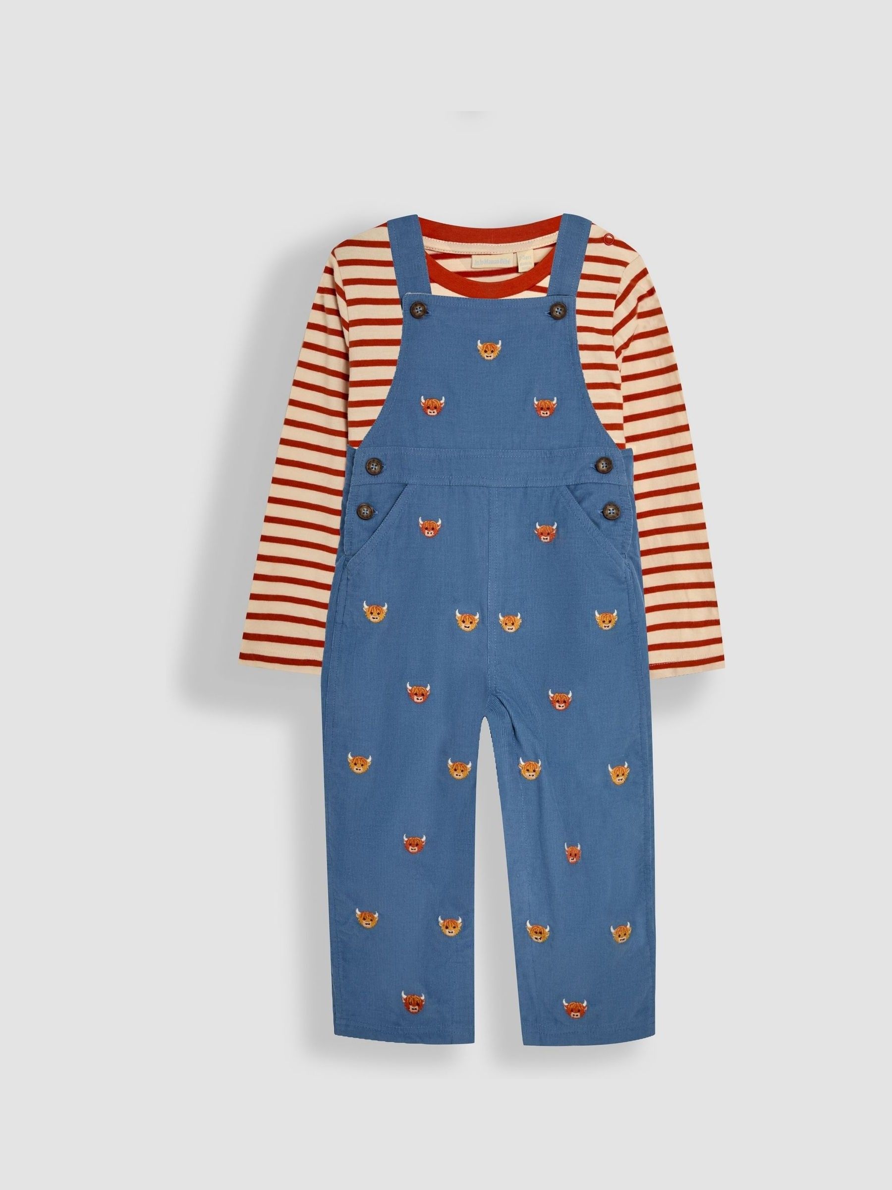 Denim Highland Cow Embroidered Dungarees And Top Set