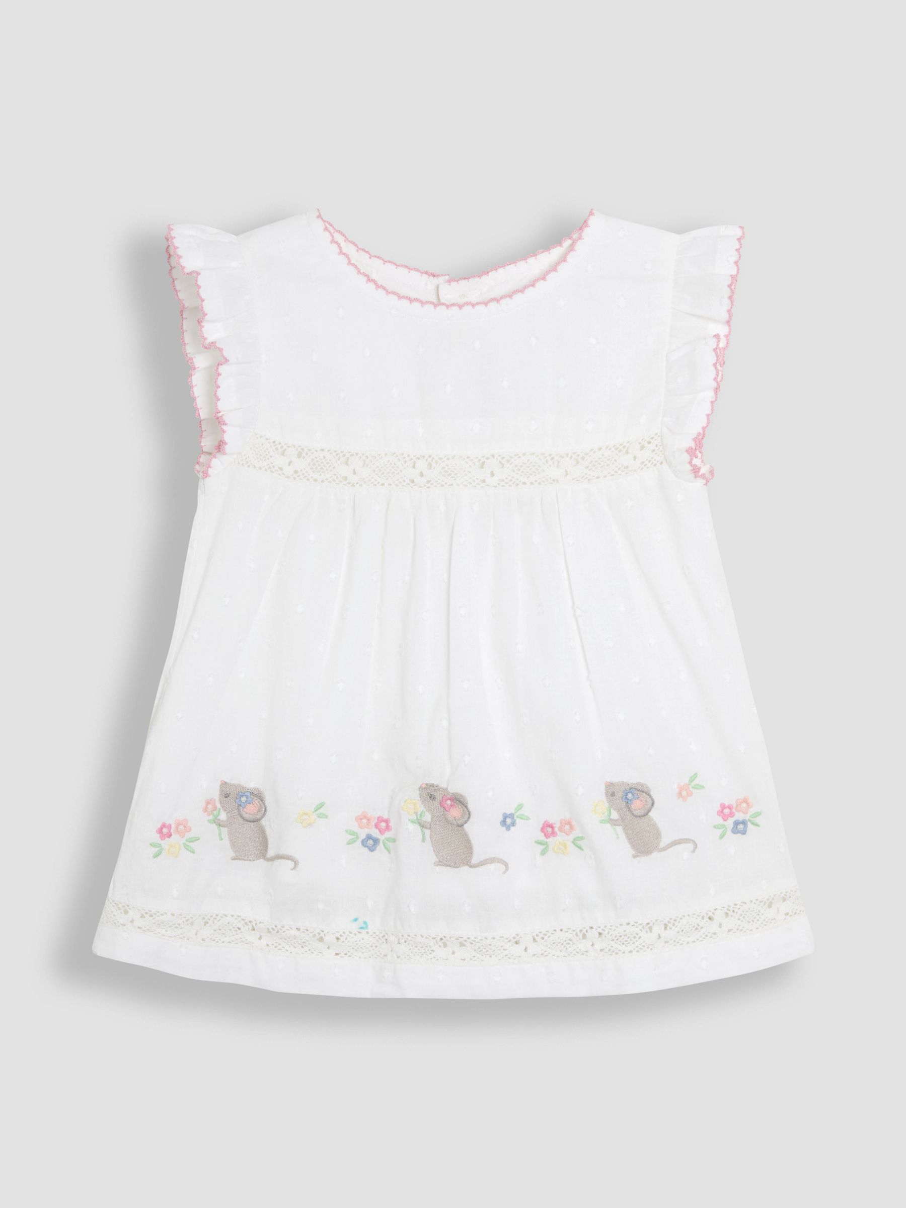 White Mouse Appliqué Ruffle 100% Cotton Blouse