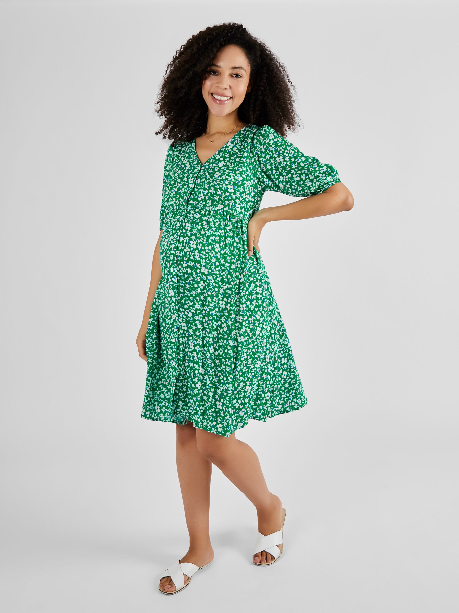Green Floral Floral V-Neck Maternity Dress