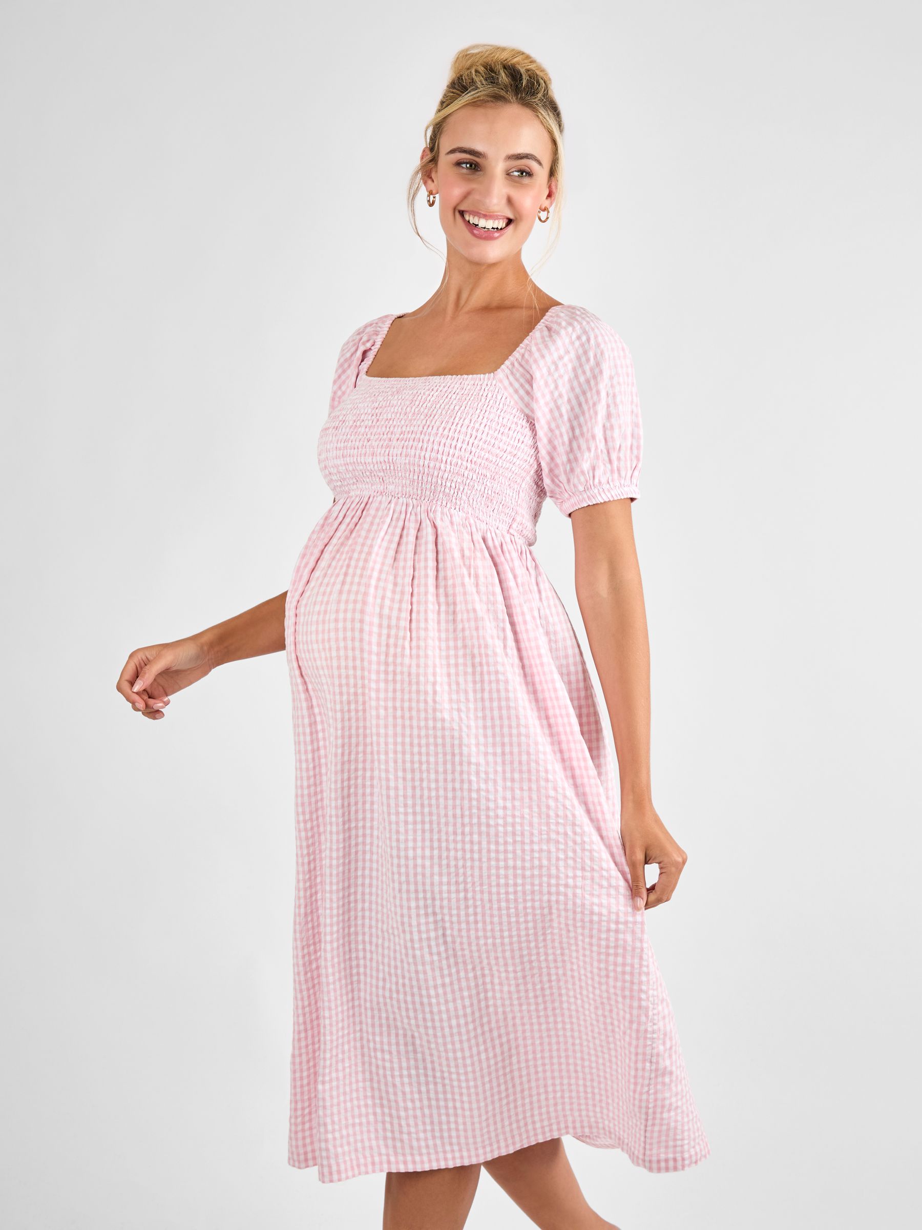 Pink Gingham Shirred Maternity Midi Dress