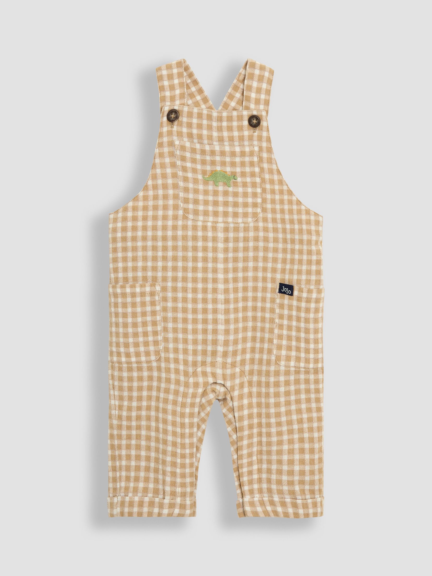 Brown 2-Piece Dino Gingham Dungarees & T-Shirt Set