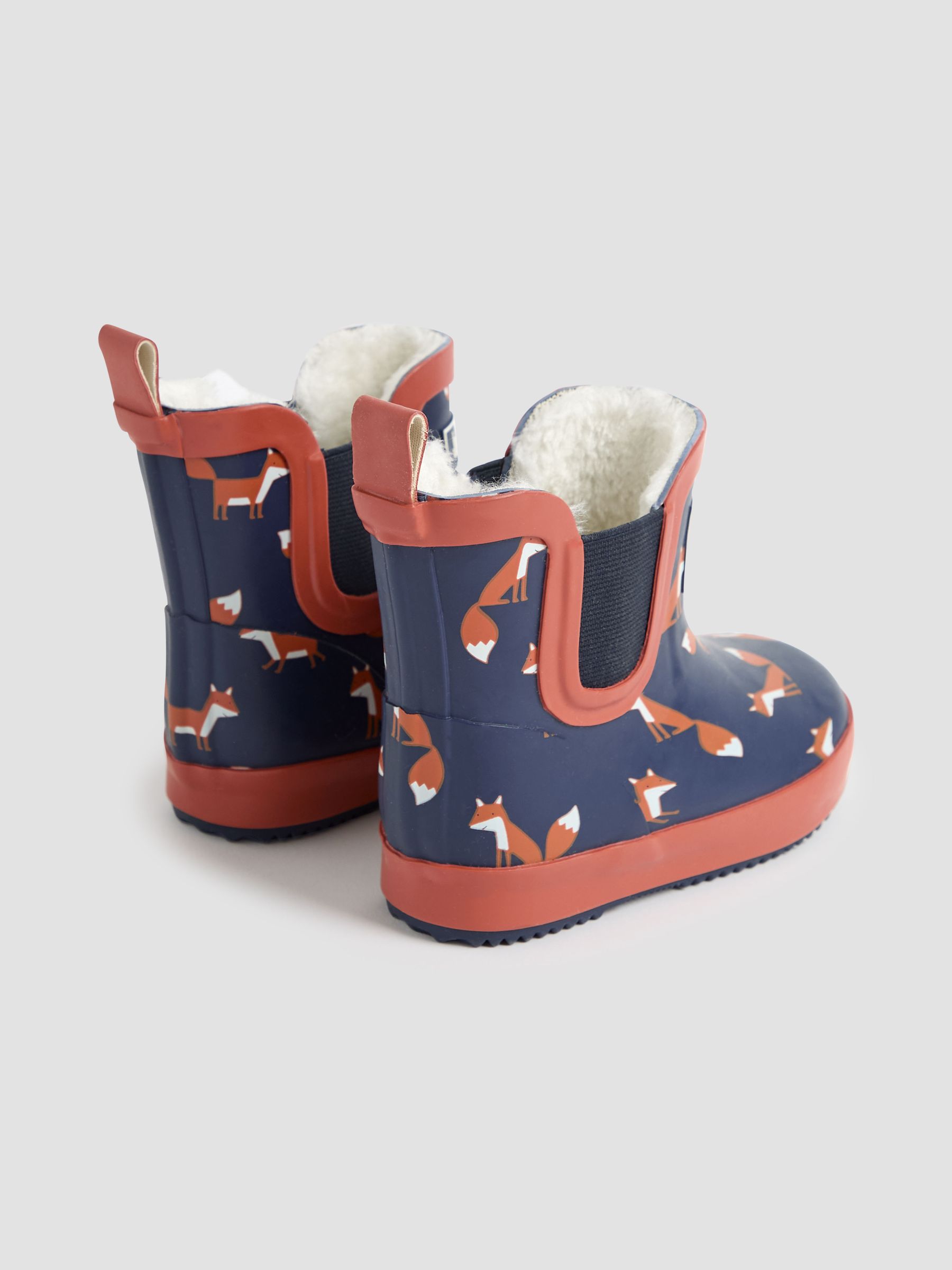 Navy Blue Fox Cosy Lined Fox Print Ankle Wellies
