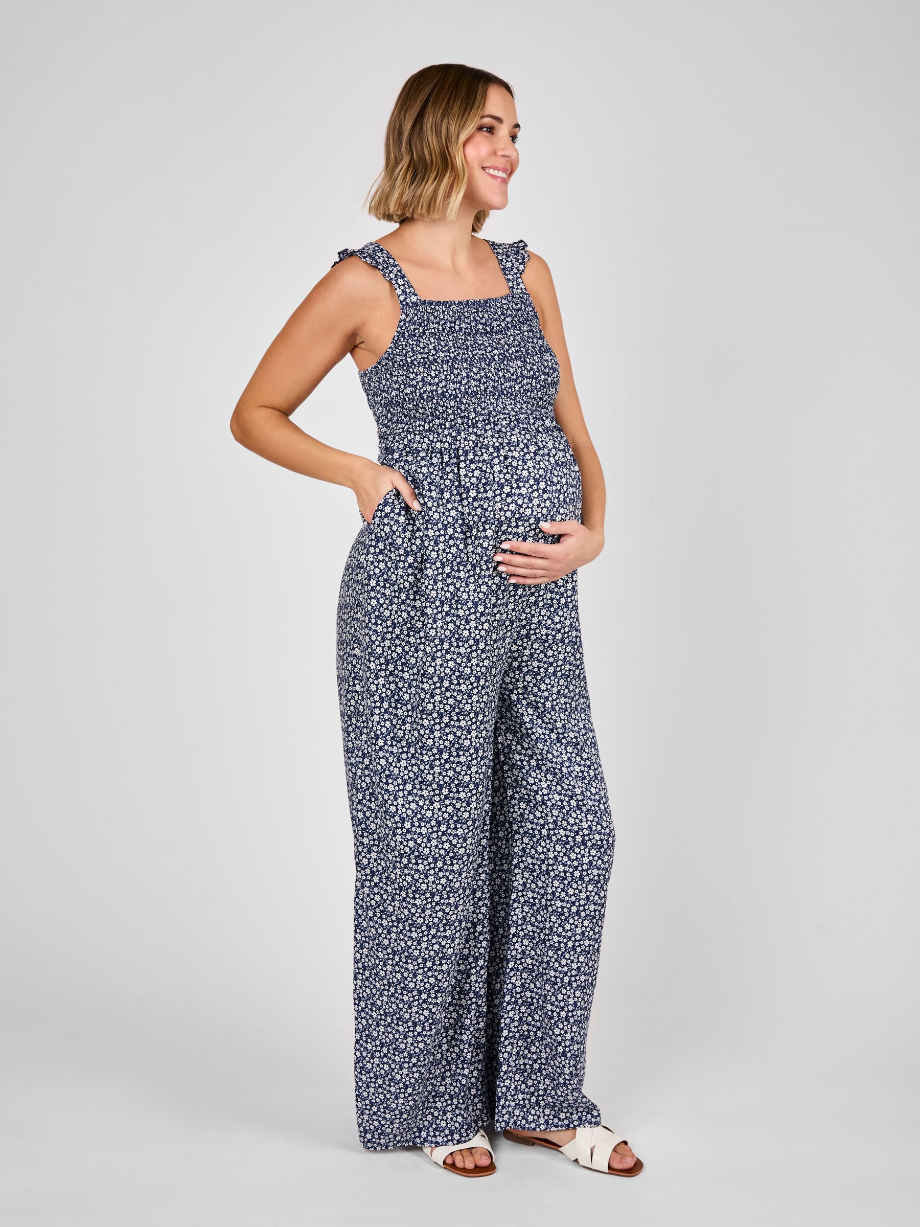 Blue Ditsy Floral Maternity Shirred Jumpsuit