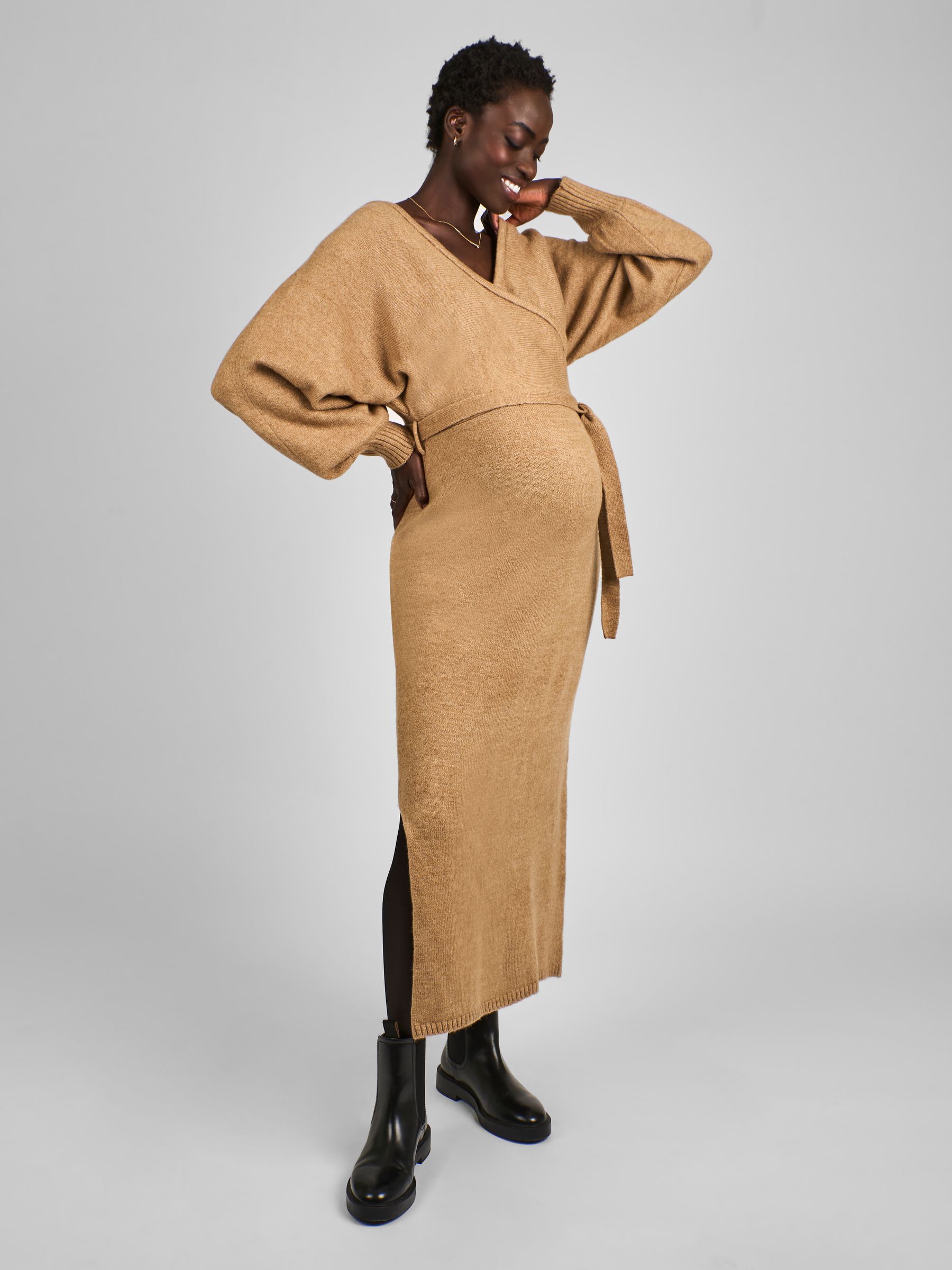 Camel Brown Knitted Blouson Sleeve V-Neck Maternity Dress