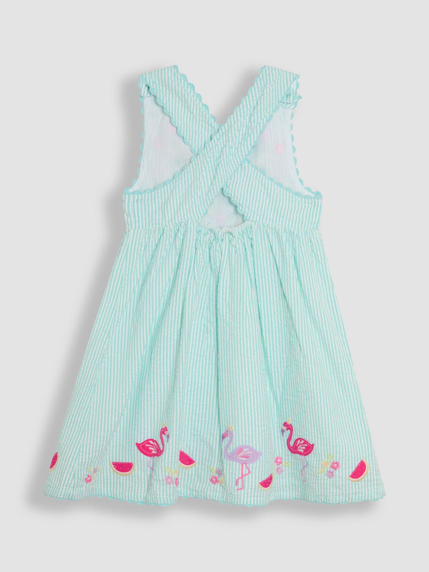 Mint Green Flamingo Appliqué Seersucker Cross Back Dress